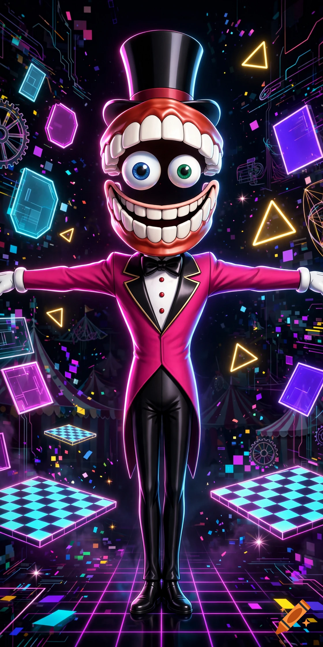 Caine from The Amazing Digital Circus in a T-pose, with a large toothy mouth for a head, wearing a top hat and pink tuxedo.