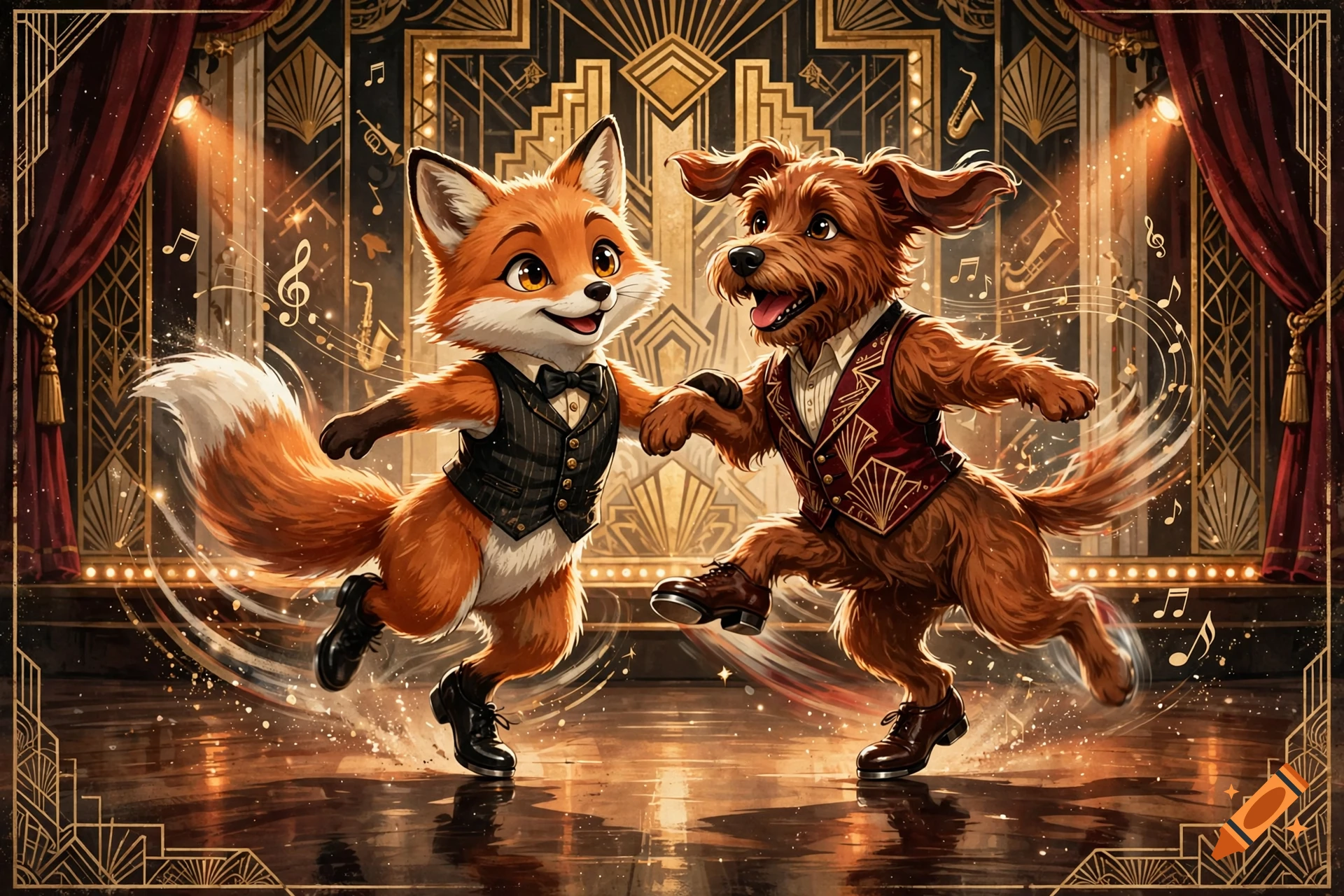 An illustration of a cute fox and a red dog in vintage outfits tap dancing on a stage with art deco background.