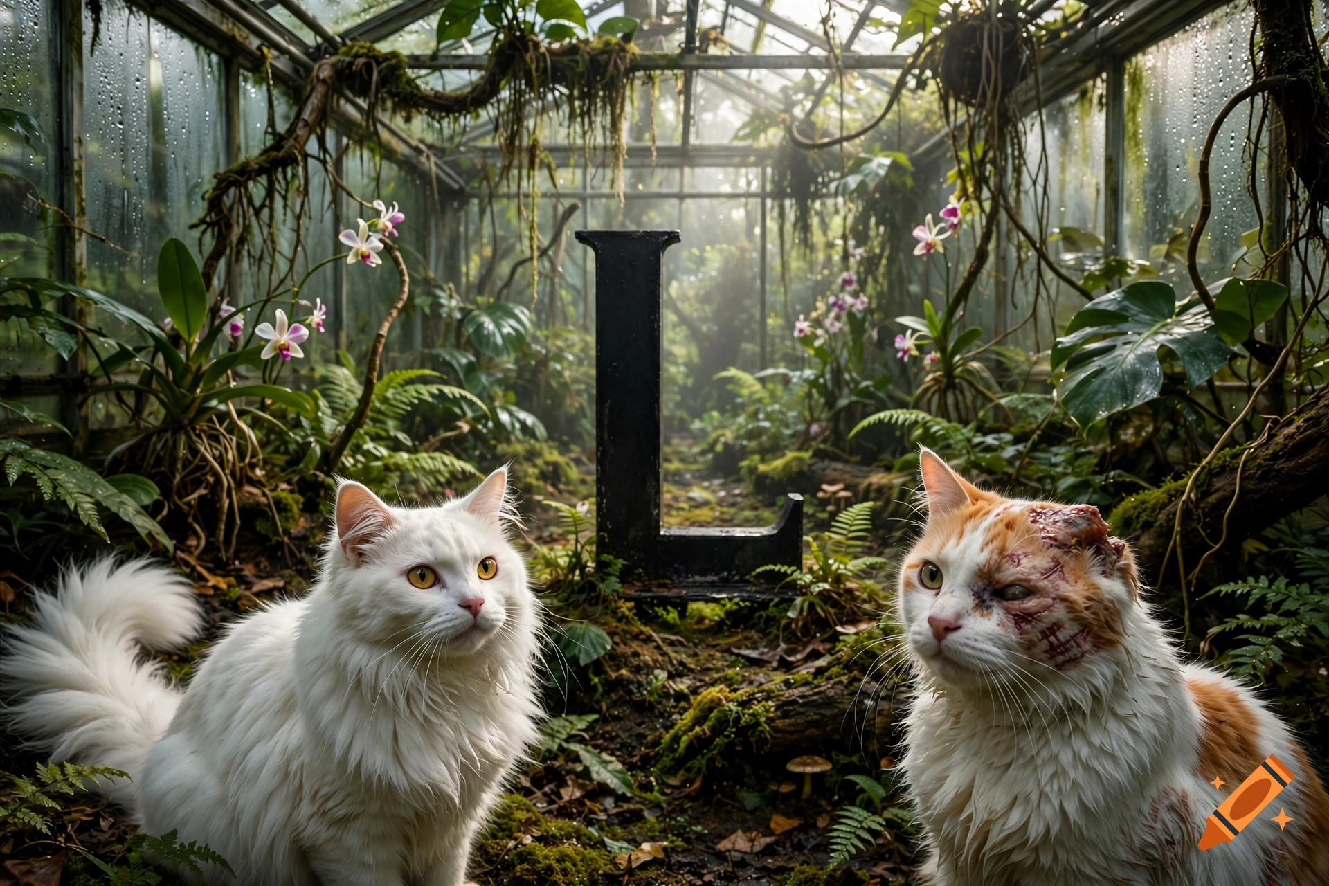 Photorealistic image of two cats in an overgrown greenhouse with a large black letter L in the center.
