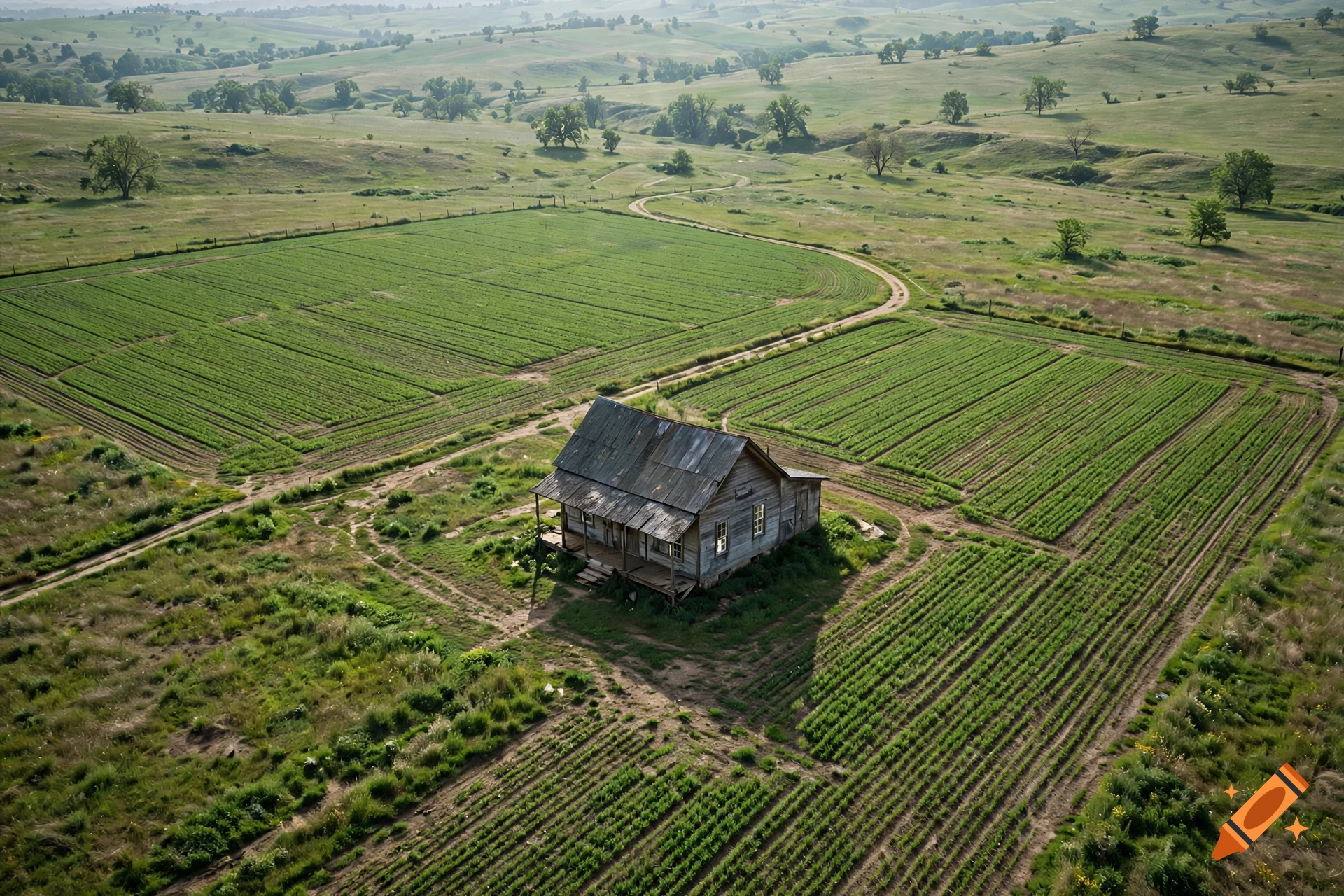 Aerial view of a weathered wooden farmhouse set in the middle of vast green fields with rolling hills in the background.