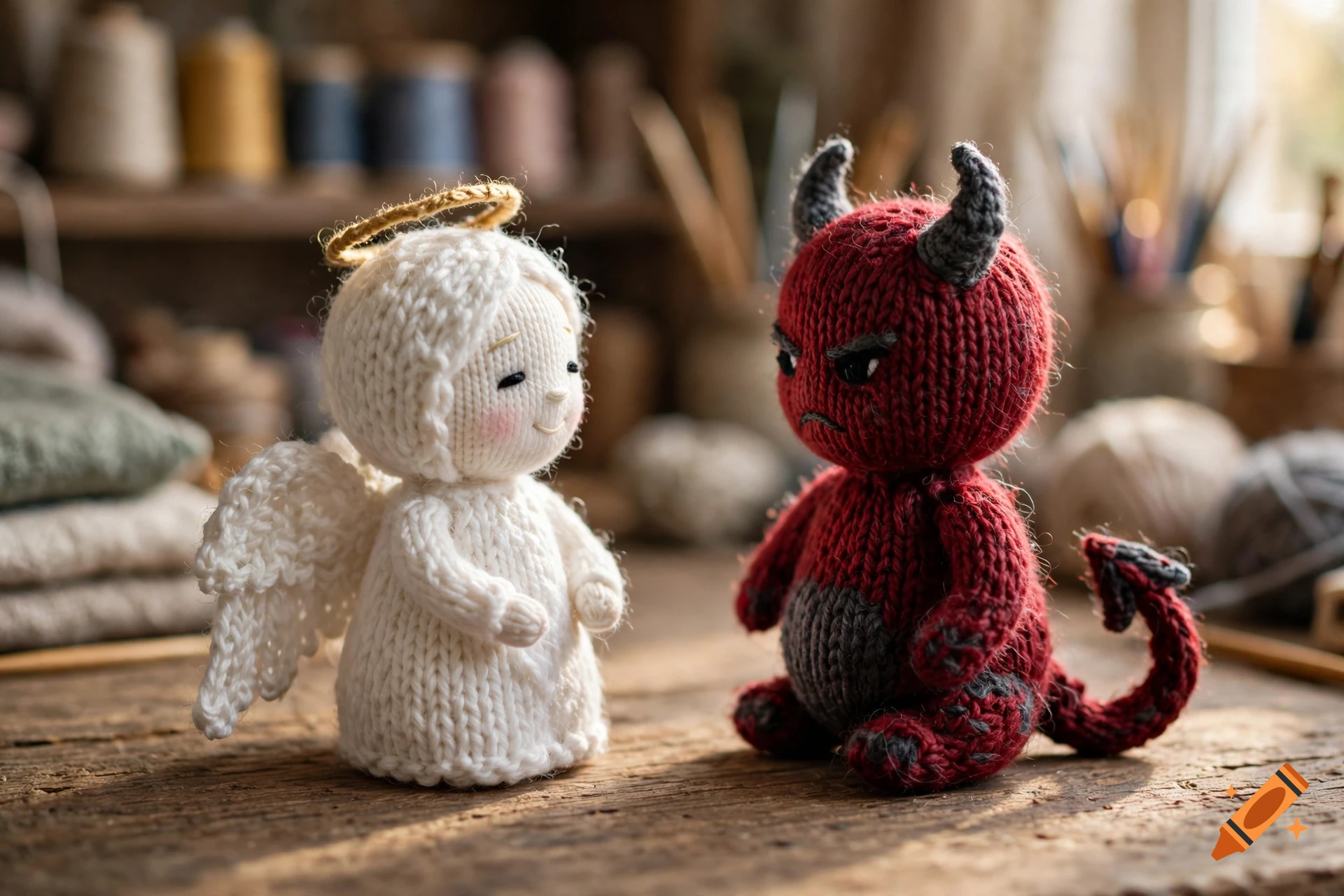 Knitted toy figures of a white angel with a halo and a red devil standing on a wooden table.