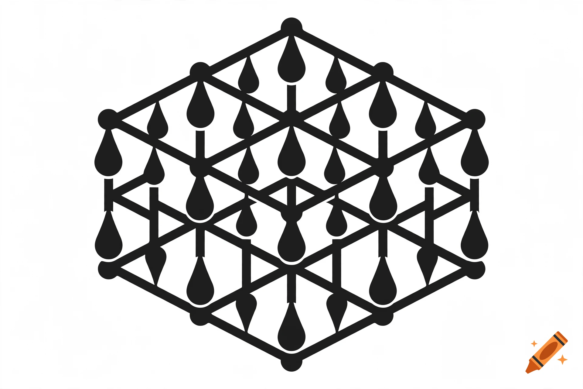 Black and white 3D grid structure with drop-shaped elements, stencil style.