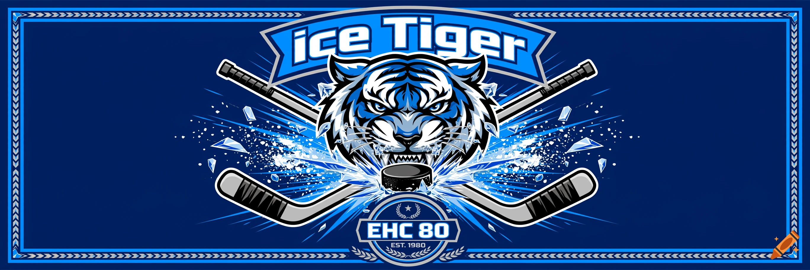 Ice hockey flag design featuring a blue tiger mascot, crossed hockey sticks, a puck, and EHC 80 logo.