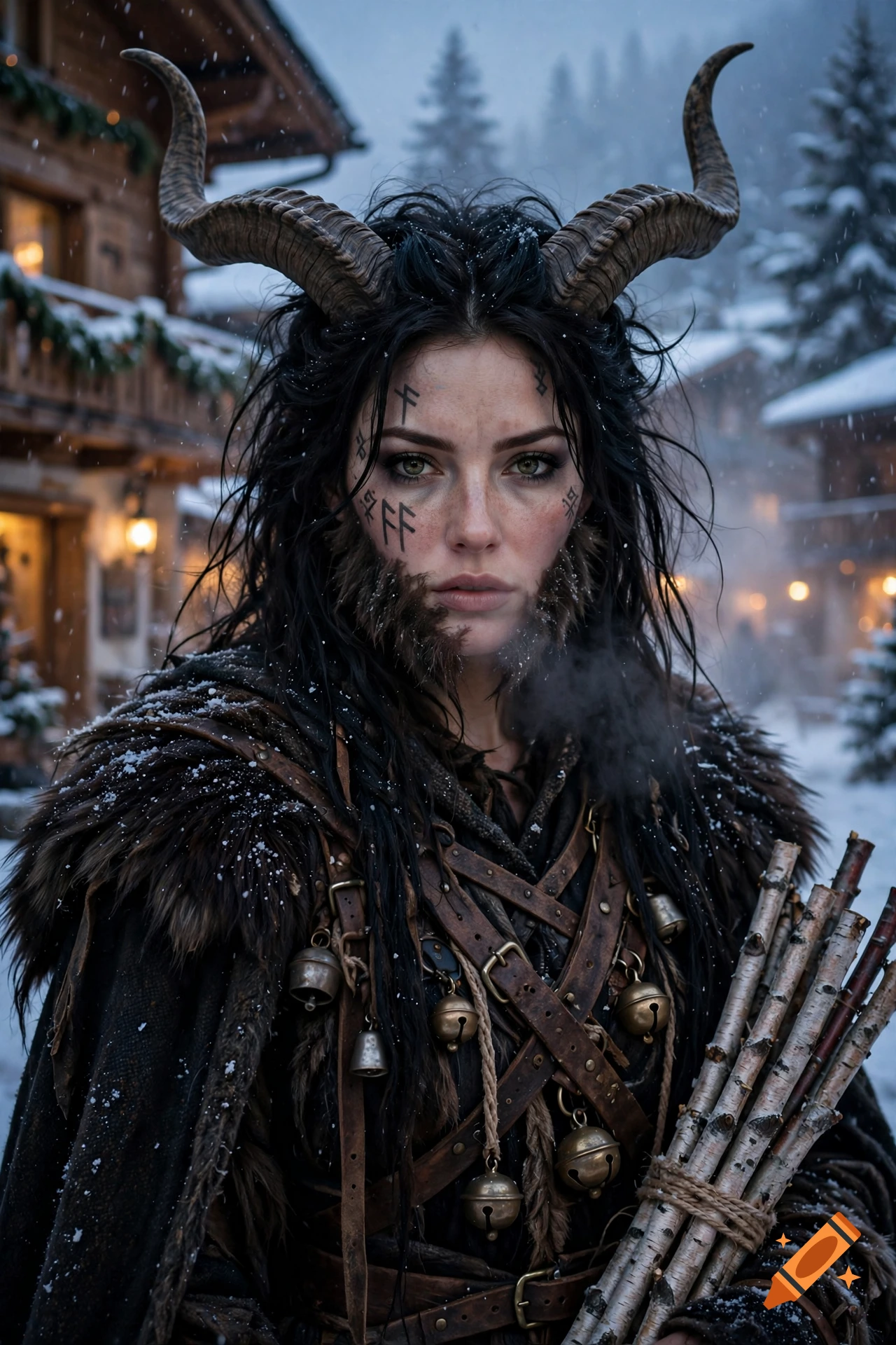 Photorealistic portrait of a female Krampus with horns and runic facial tattoos in a snowy village.