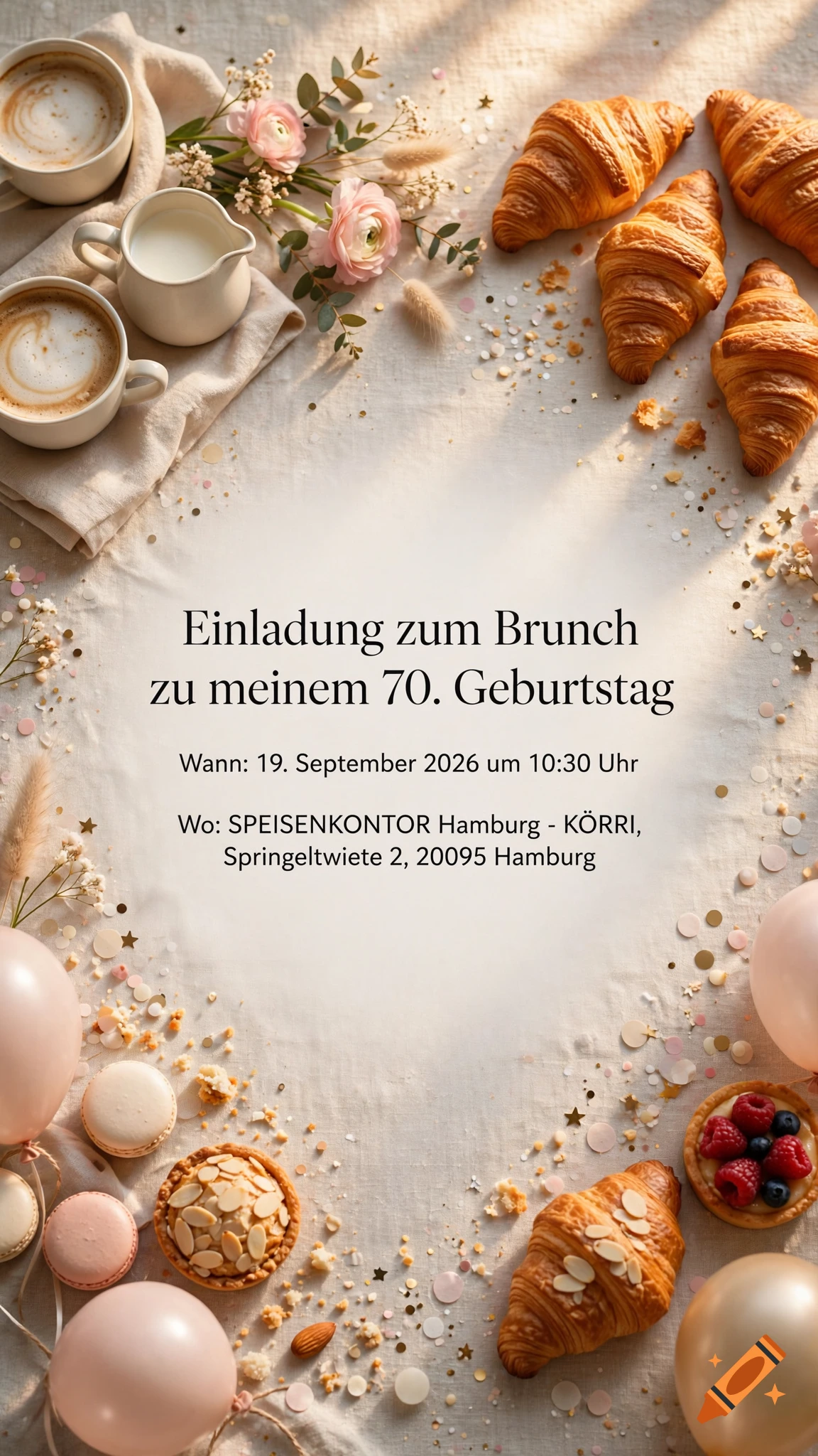 An overhead photorealistic view of a brunch table setting with coffee, croissants, pastries, flowers, and balloons, with German text in the center.