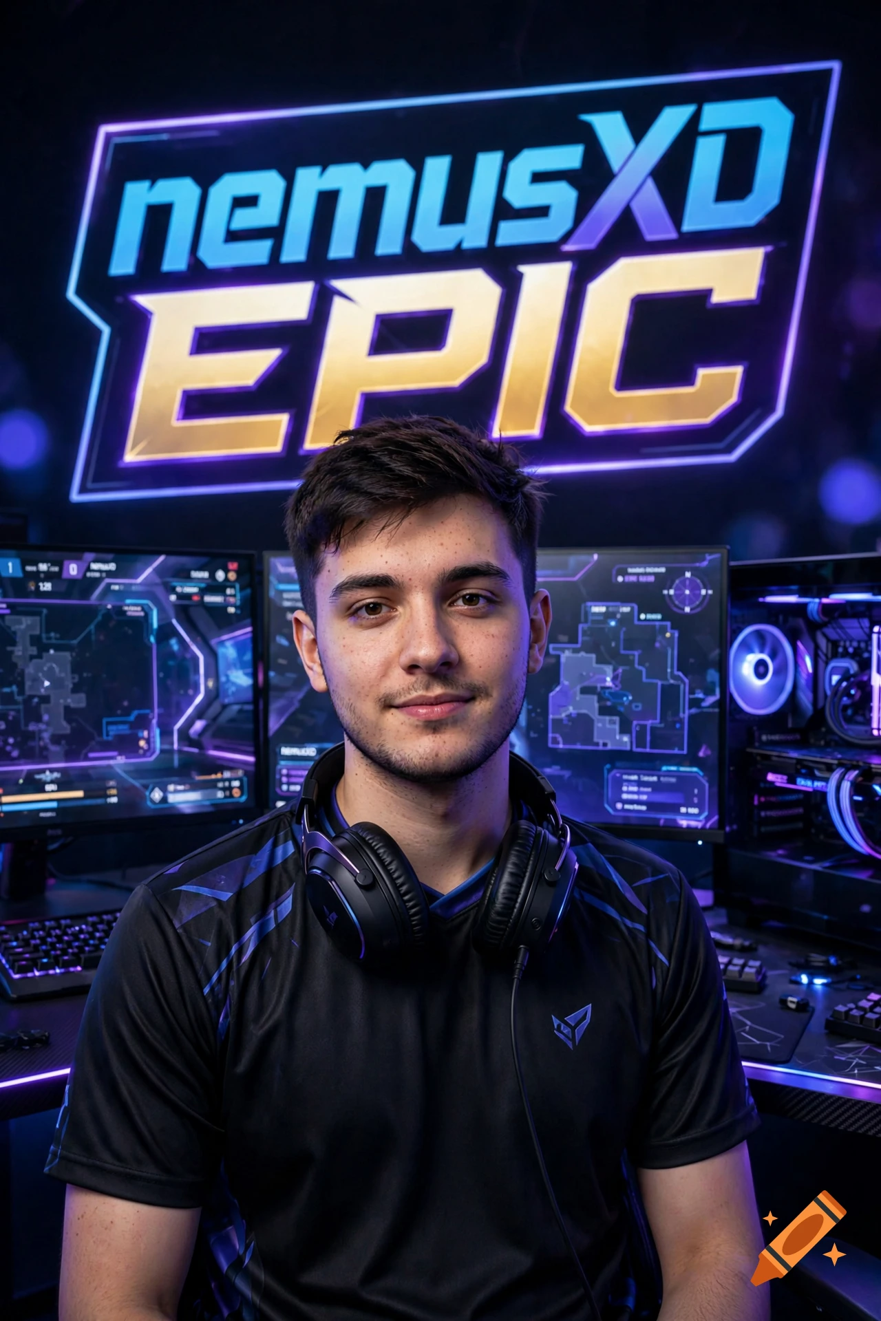 Portrait of a young male gamer wearing headphones in front of dual monitors and a glowing neon logo reading 'nemusXD EPIC'.