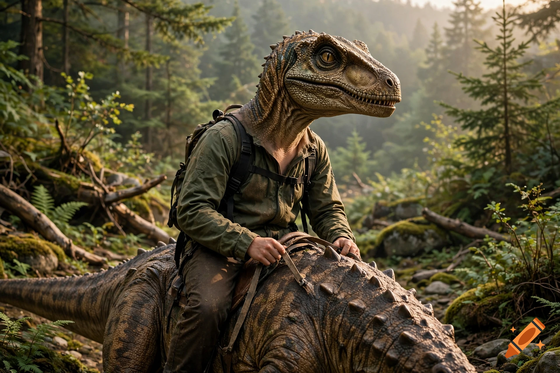 Photorealistic image of a person with a dinosaur head riding a large scaled dinosaur through a misty forest.