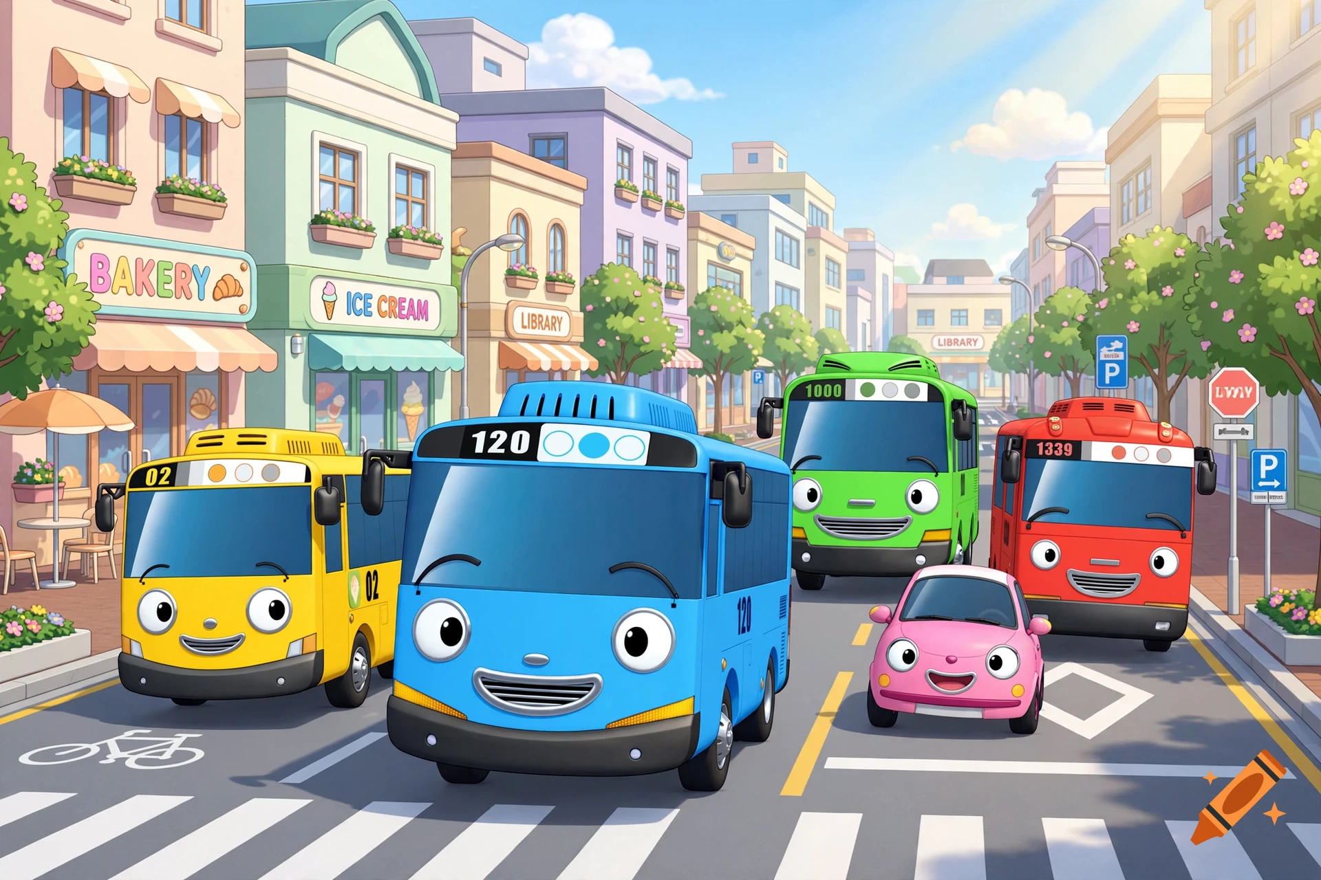 Colorful animated cartoon buses and a small pink car driving down a city street lined with shops, in the style of Tayo the Little Bus.