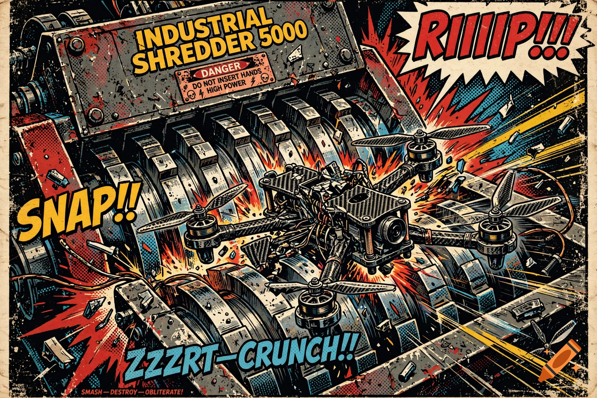 Gritty retro comic book style illustration of an industrial shredder destroying an FPV drone with dynamic text effects.