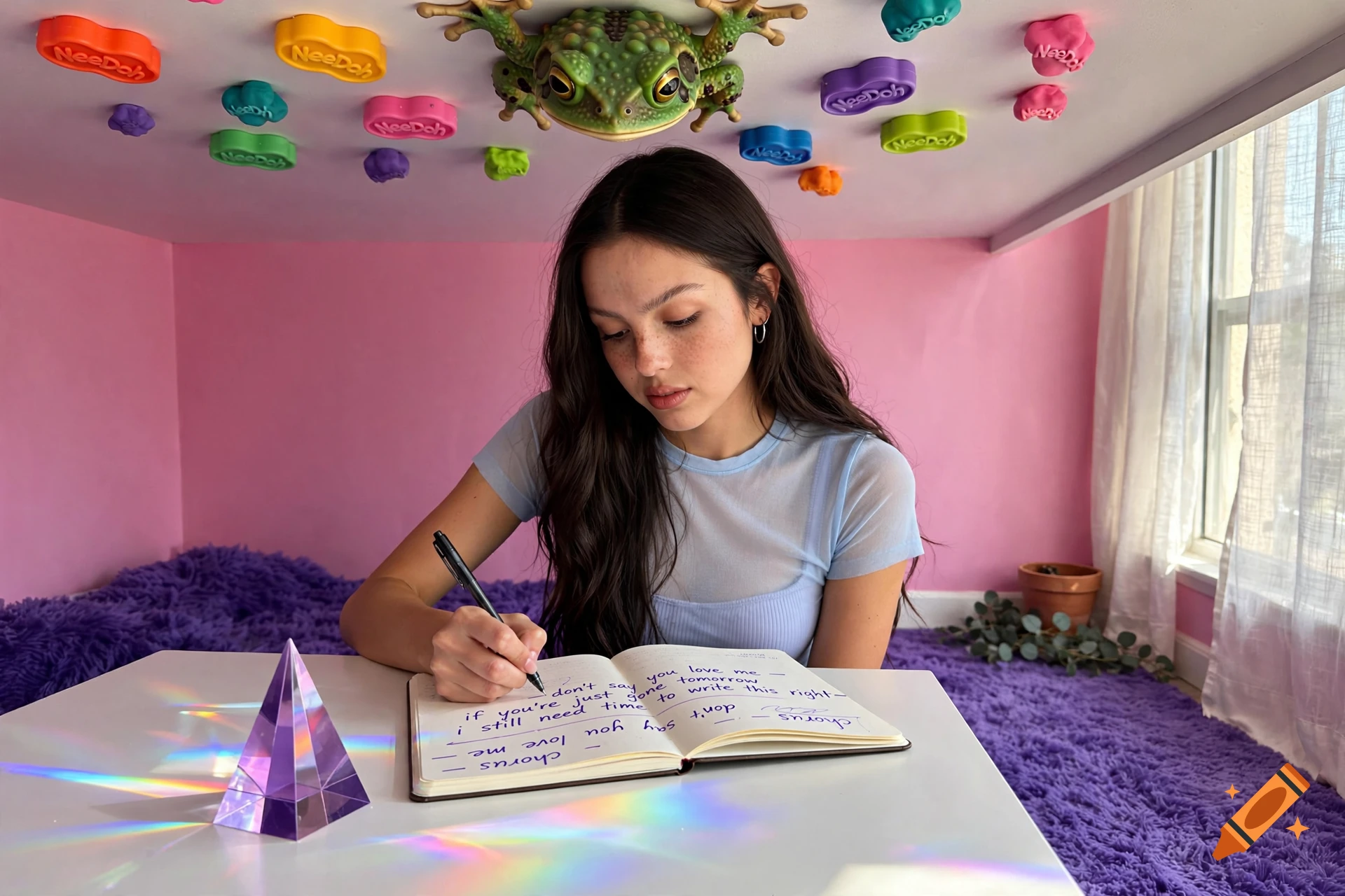 A photorealistic image of Olivia Rodrigo writing song lyrics in a notebook at a white desk in a pink room with a purple shaggy rug.
