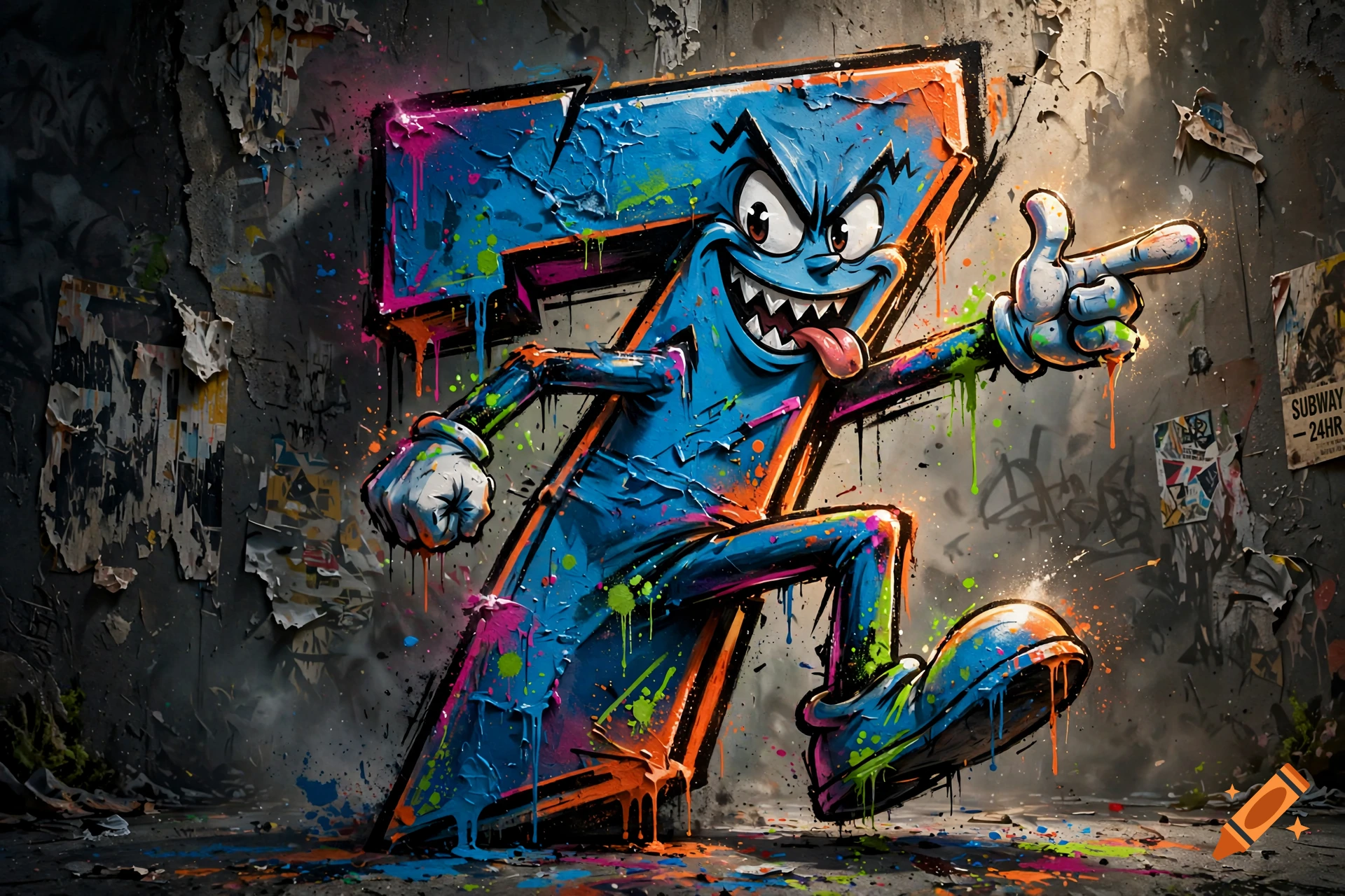Graffiti style character shaped like the number 7 with a face and limbs, posing dynamically against an urban wall.
