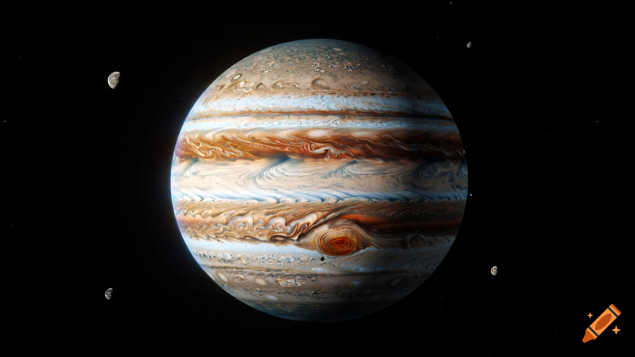 Photorealistic view of Jupiter and its moons in deep space against a star-filled background.