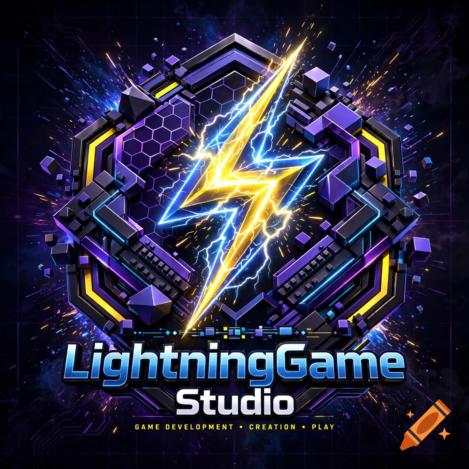 3D digital logo for LightningGame Studio featuring a glowing yellow and blue lightning bolt surrounded by tech elements.