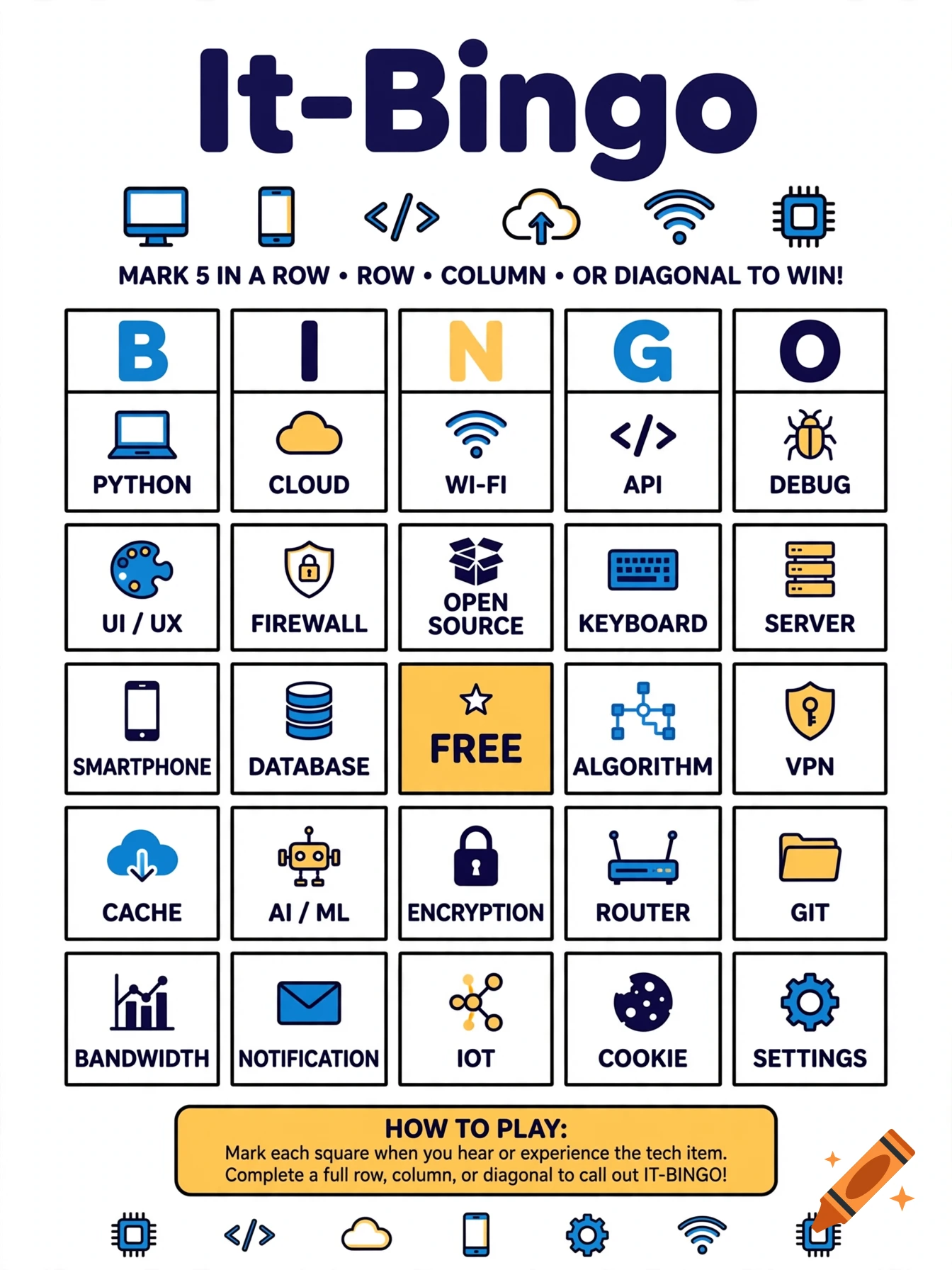 An IT-themed bingo board with tech icons, labels, and how-to-play instructions in a clean vector style.