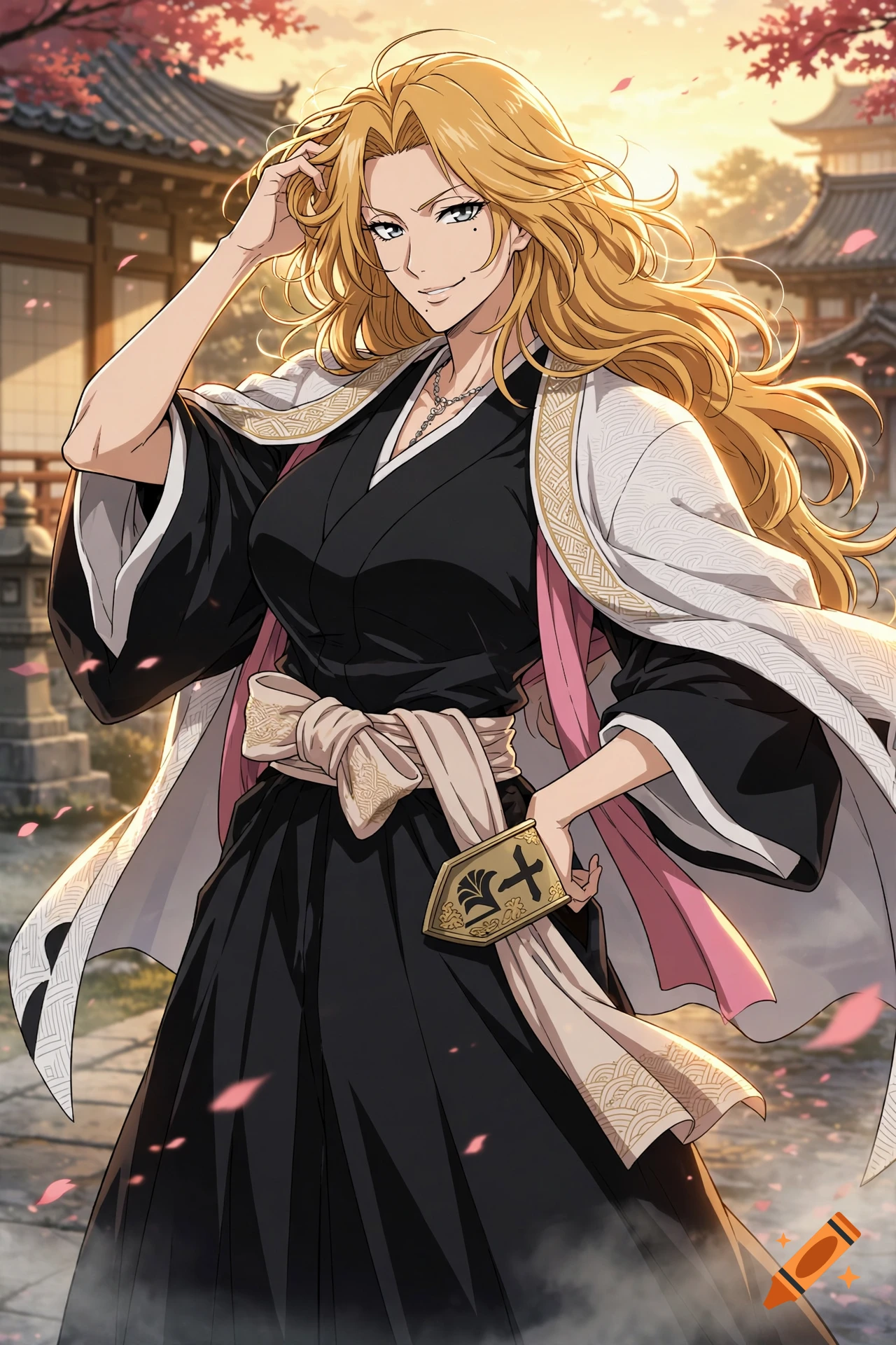 Anime illustration of a blonde woman with wavy hair in a traditional Japanese shrine setting.