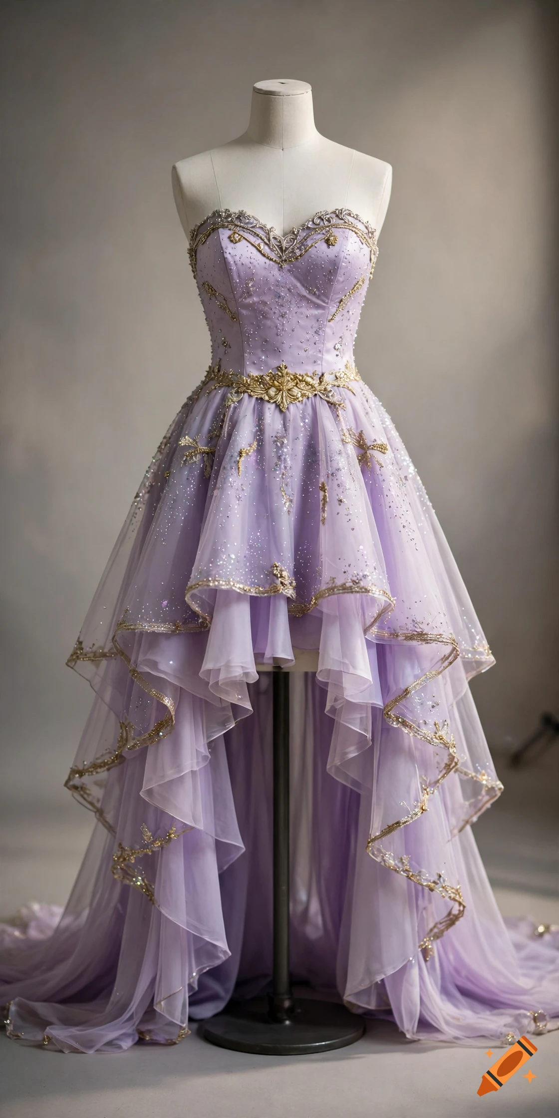 A pastel lavender high-low evening dress with gold details and glitter on a mannequin.