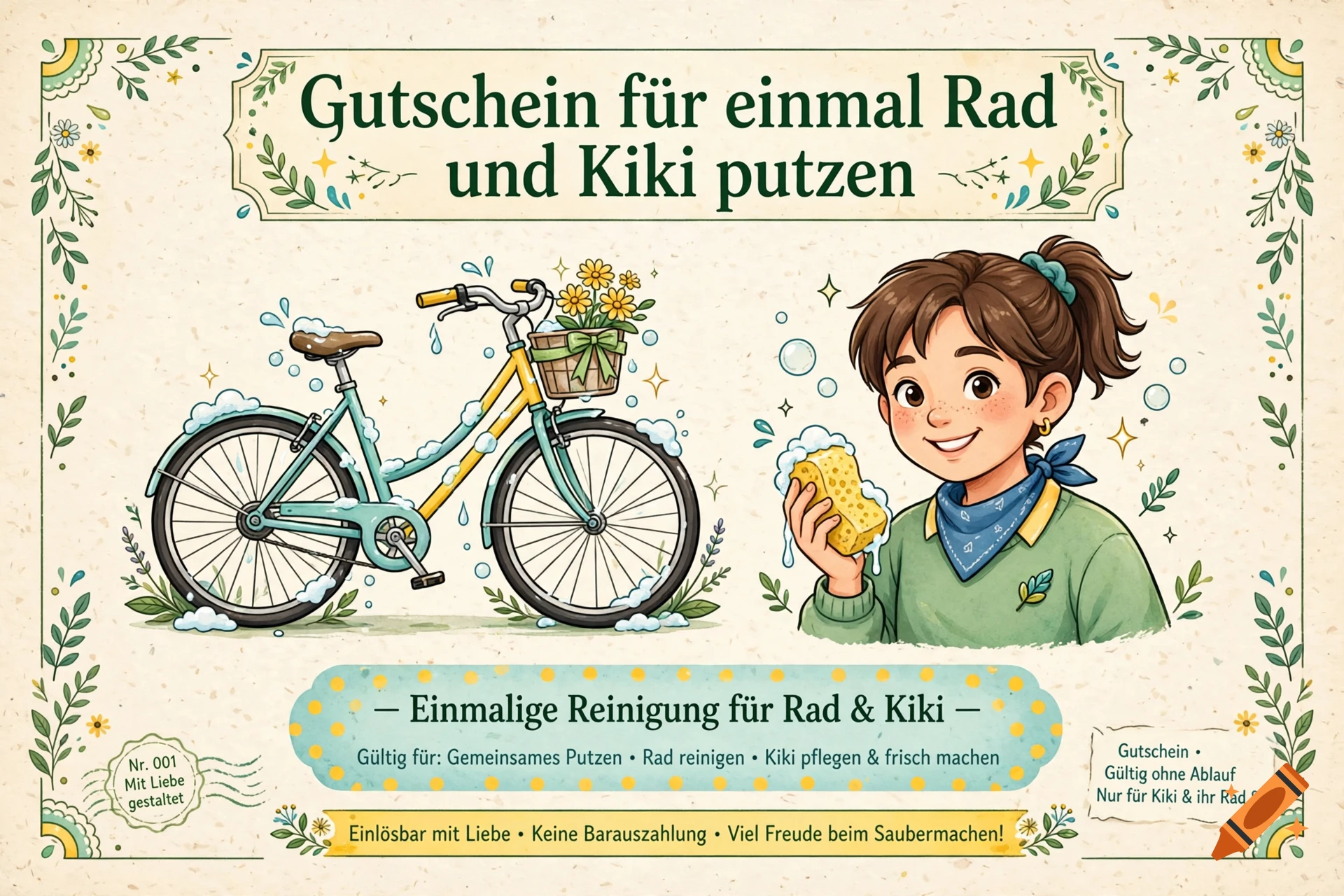 Illustrated voucher featuring a bicycle with flowers in a basket and a smiling girl holding a sponge with soap bubbles, in a hand-drawn style.