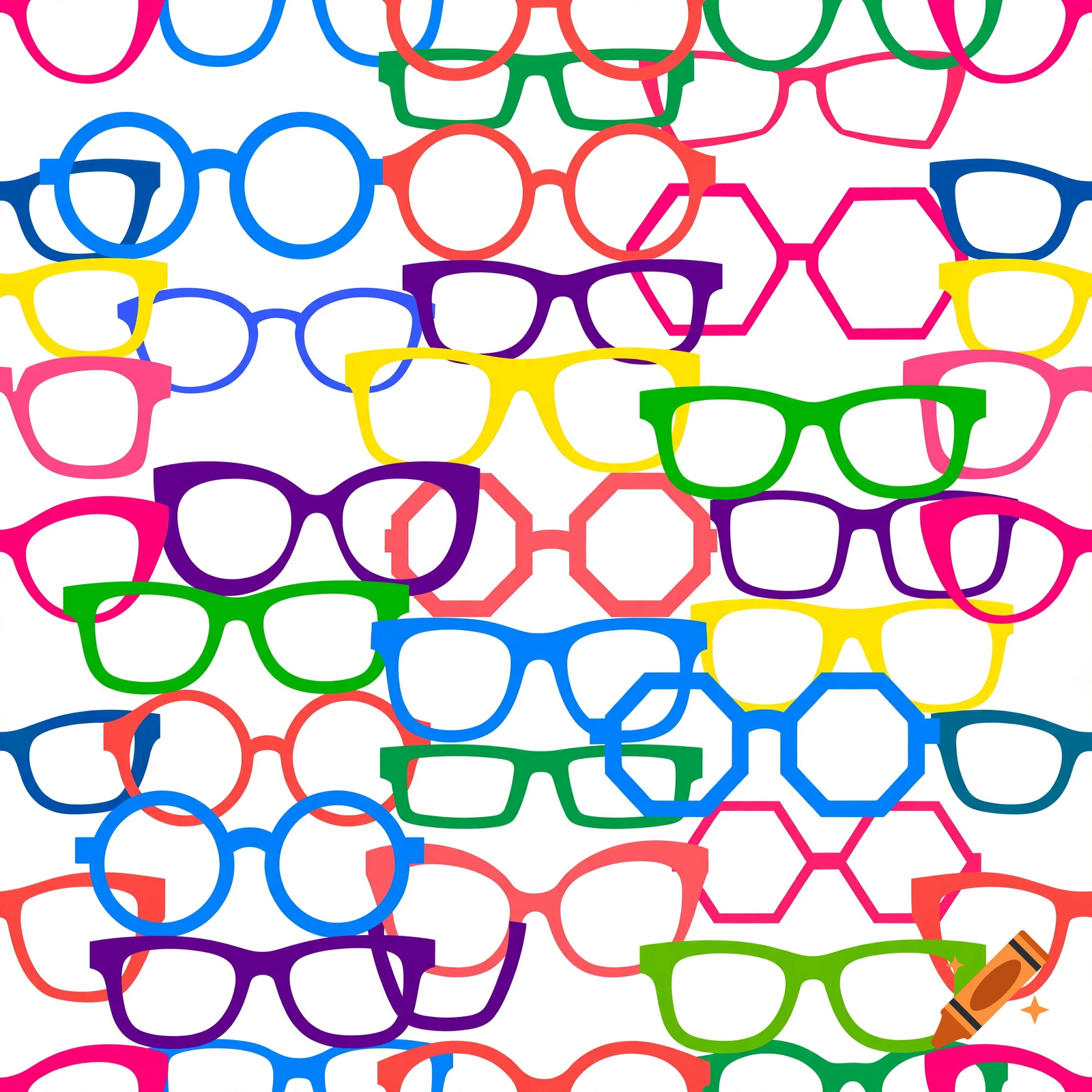 Seamless colorful pattern of overlapping eyeglass frames in bright shades of blue, red, green, yellow, pink, and purple on a white background.