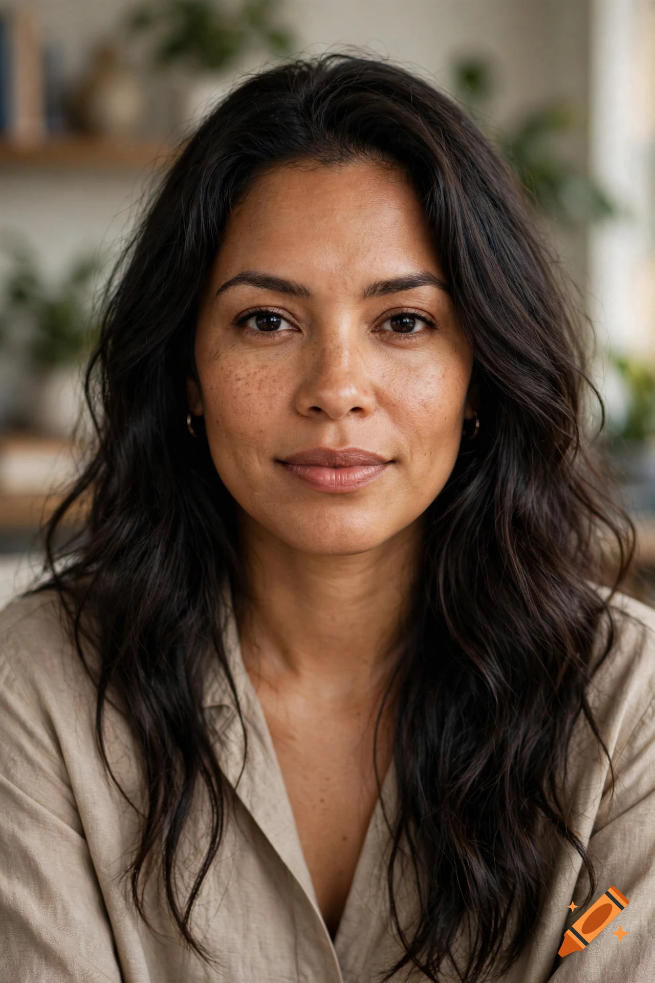 Close-up photorealistic portrait of a 30-year-old Latina woman with dark wavy hair and freckles, looking directly at the camera.
