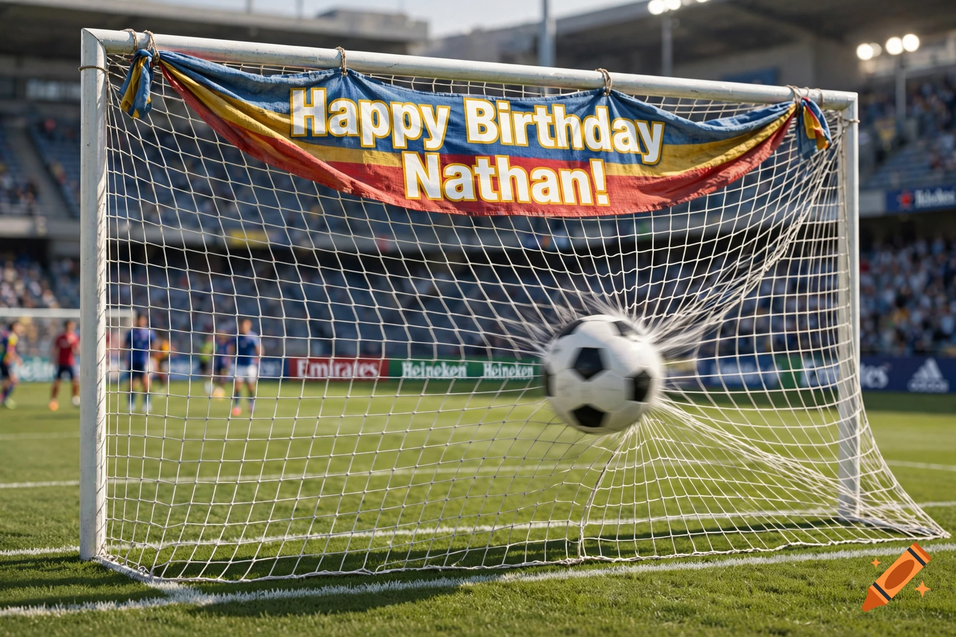 Photorealistic soccer goal with a banner that says Happy Birthday Nathan and a soccer ball flying into the net.