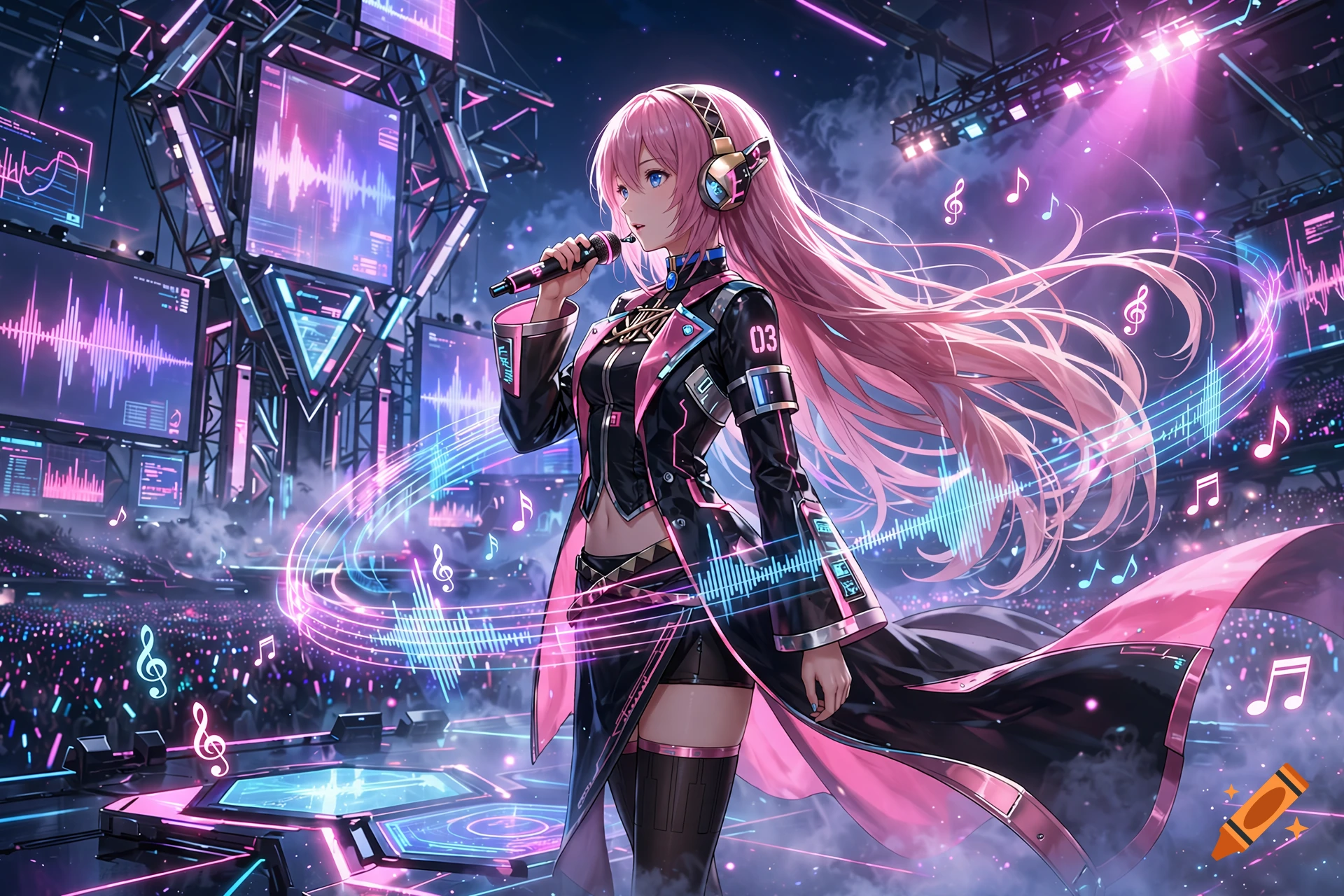Megurine Luka from Vocaloid singing with a microphone on a futuristic stage with pink neon lights and audio waves, anime style.