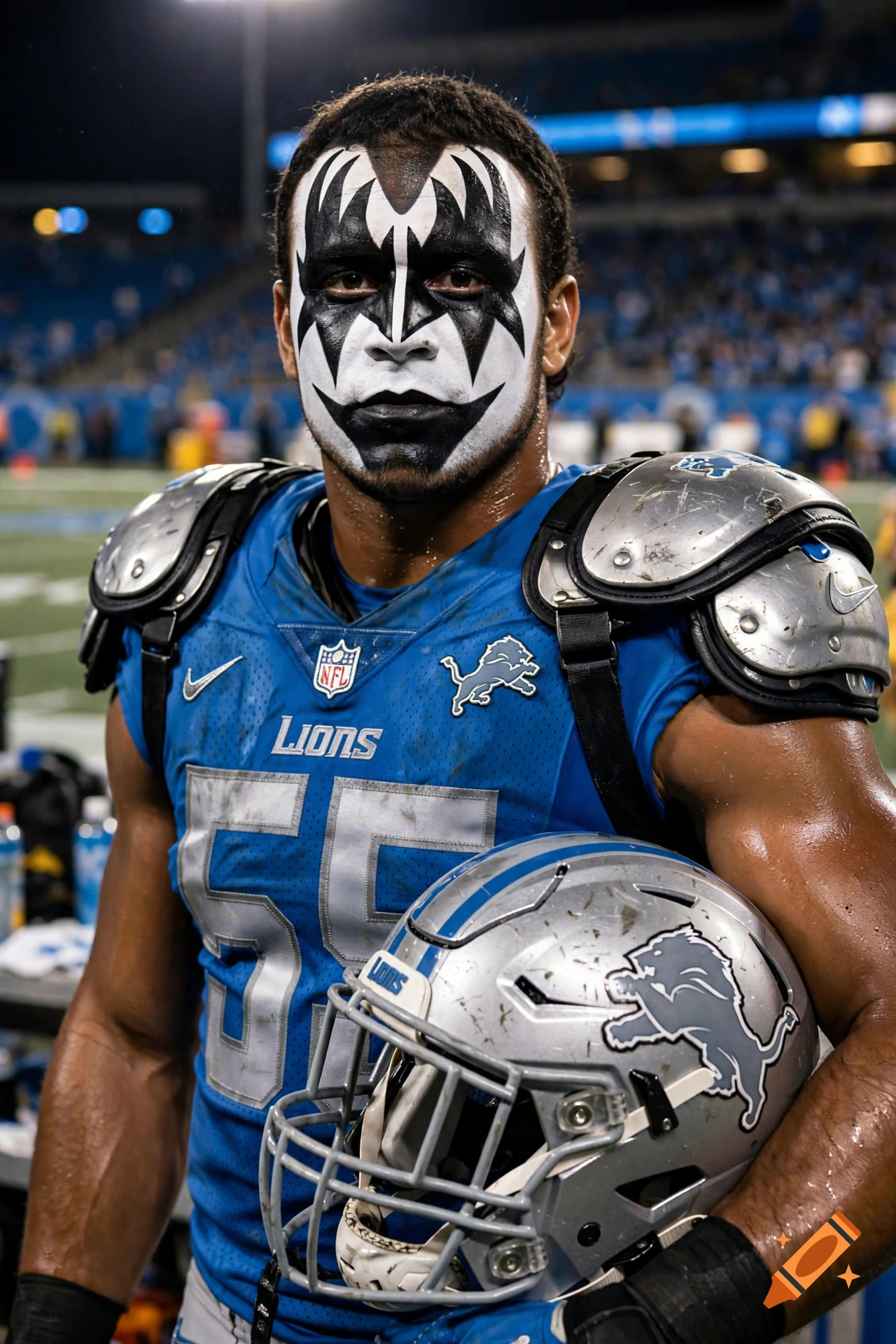 Photorealistic portrait of a Detroit Lions football player wearing Gene Simmons face paint in a stadium holding a helmet.
