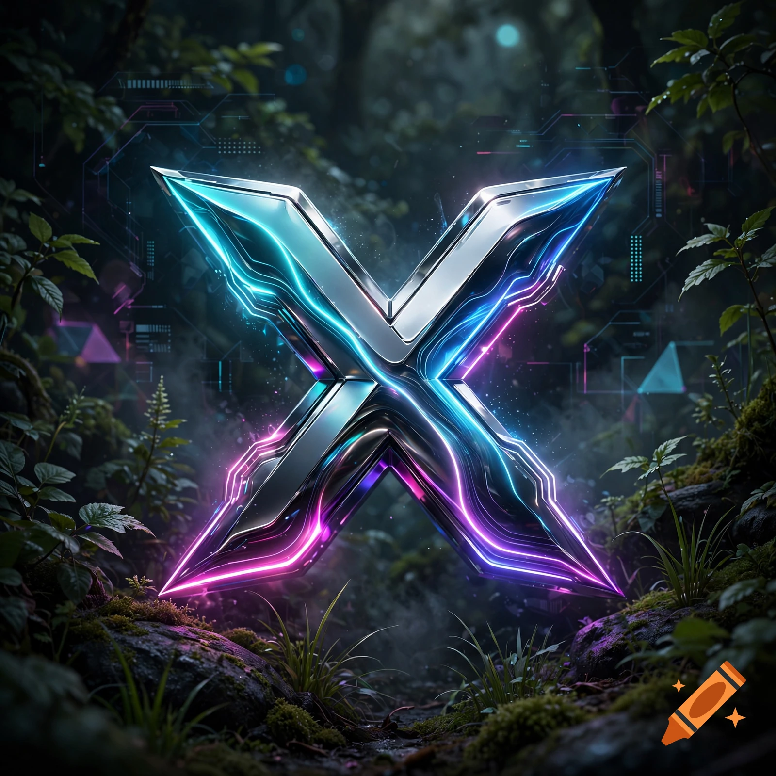 A glowing futuristic chrome letter X with blue and pink neon lights, centered in a dark, mossy forest with digital HUD elements.