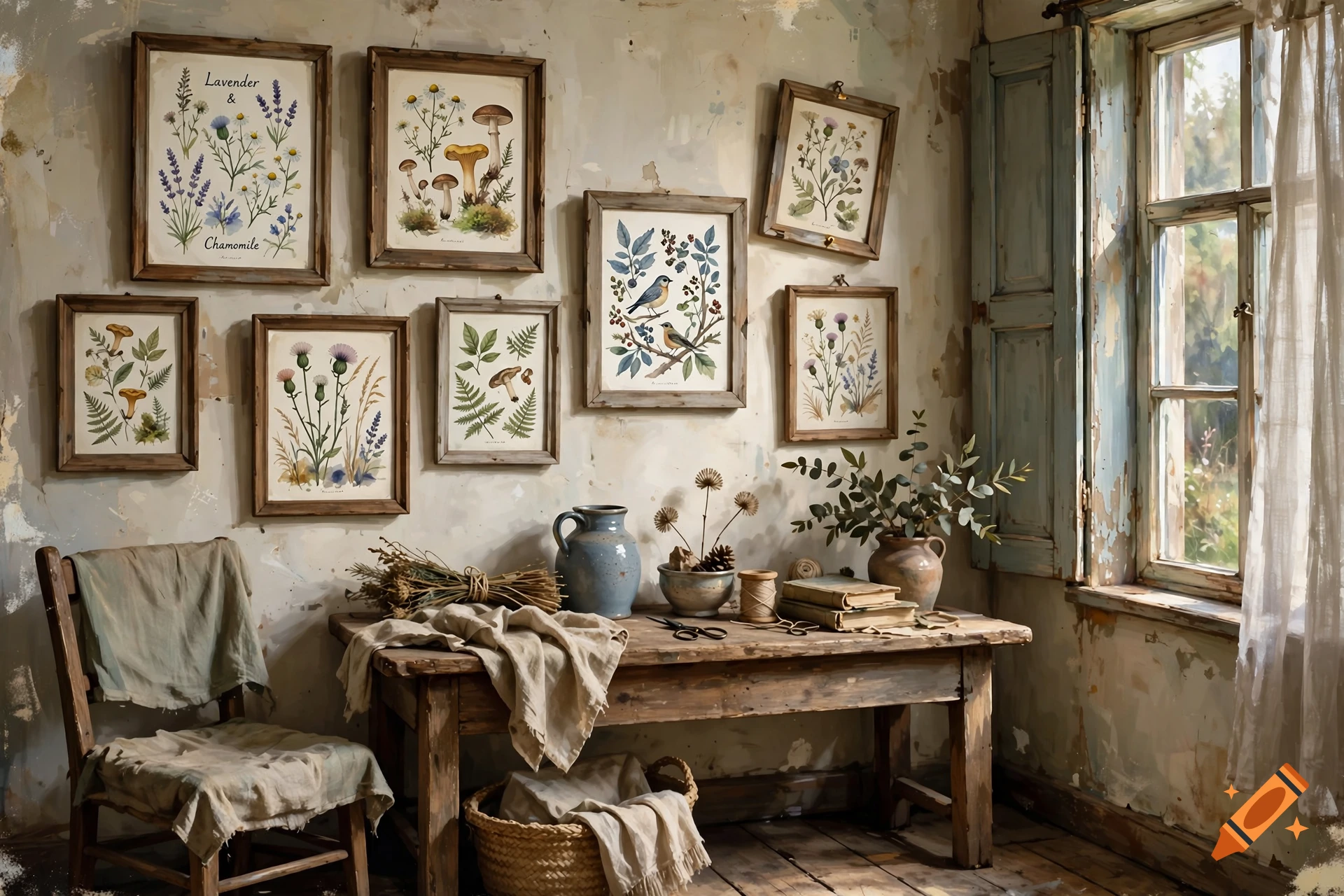 Rustic room interior with botanical and bird illustrations framed on the weathered wall above a wooden table.