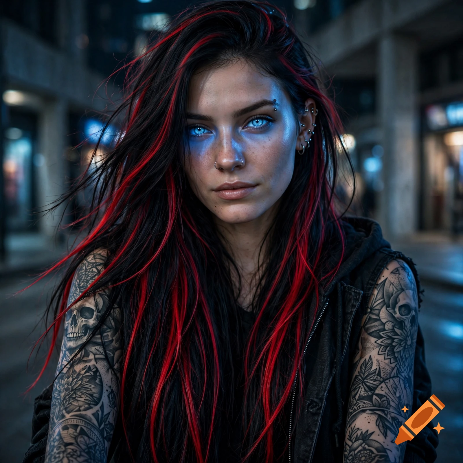 Photorealistic portrait of a young woman with black hair with red streaks, facial piercings, extensive arm tattoos, and glowing blue eyes.