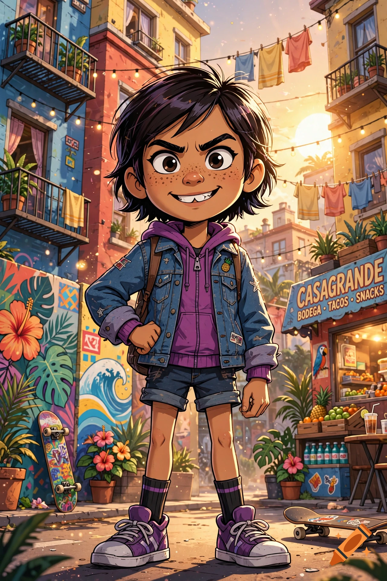 3D animated style full-body portrait of a young girl with dark hair and freckles, standing in a vibrant street with shops and laundry lines.