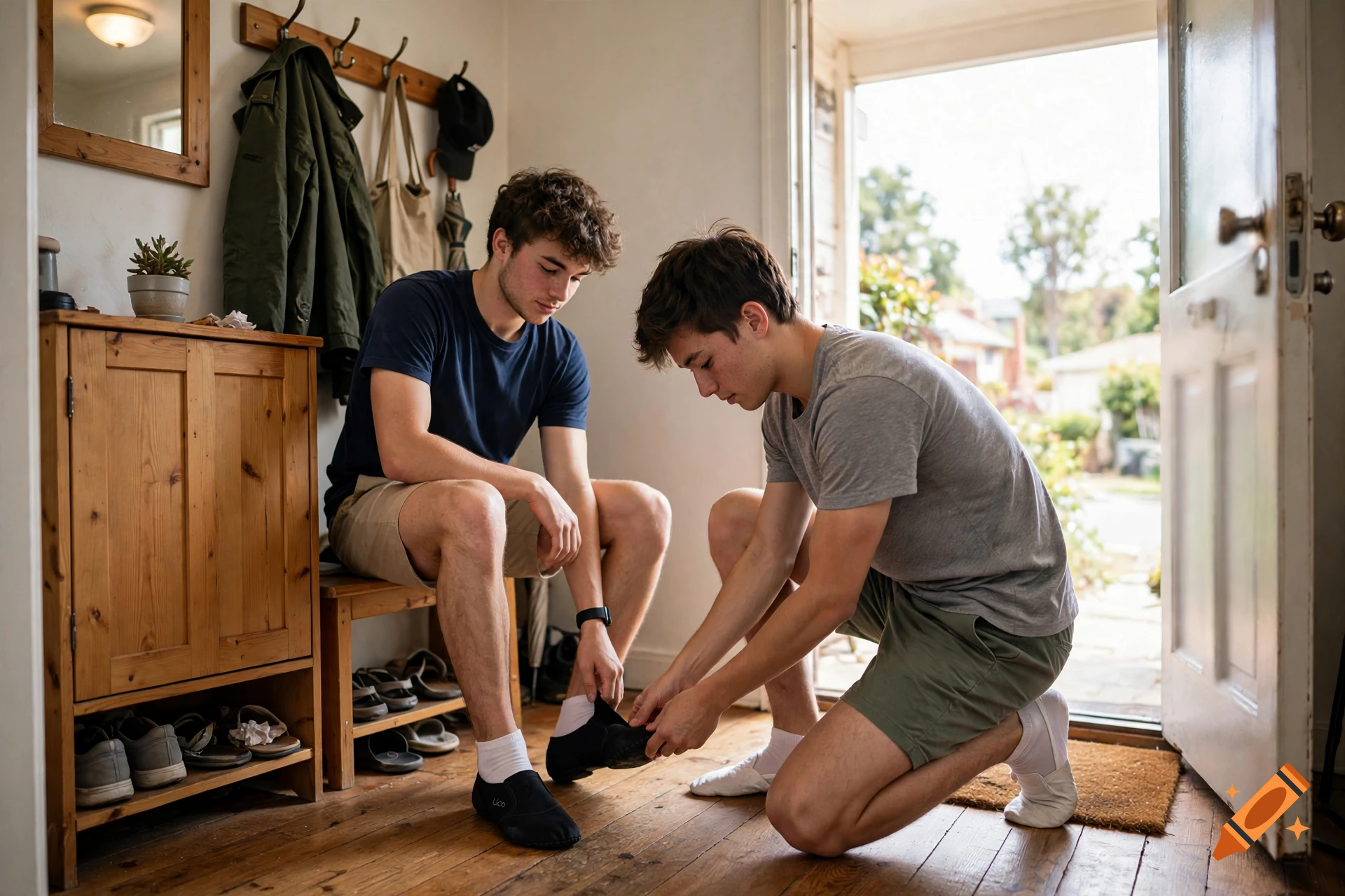 Photorealistic image of two young men in an entryway, one putting shoes on the other's feet.