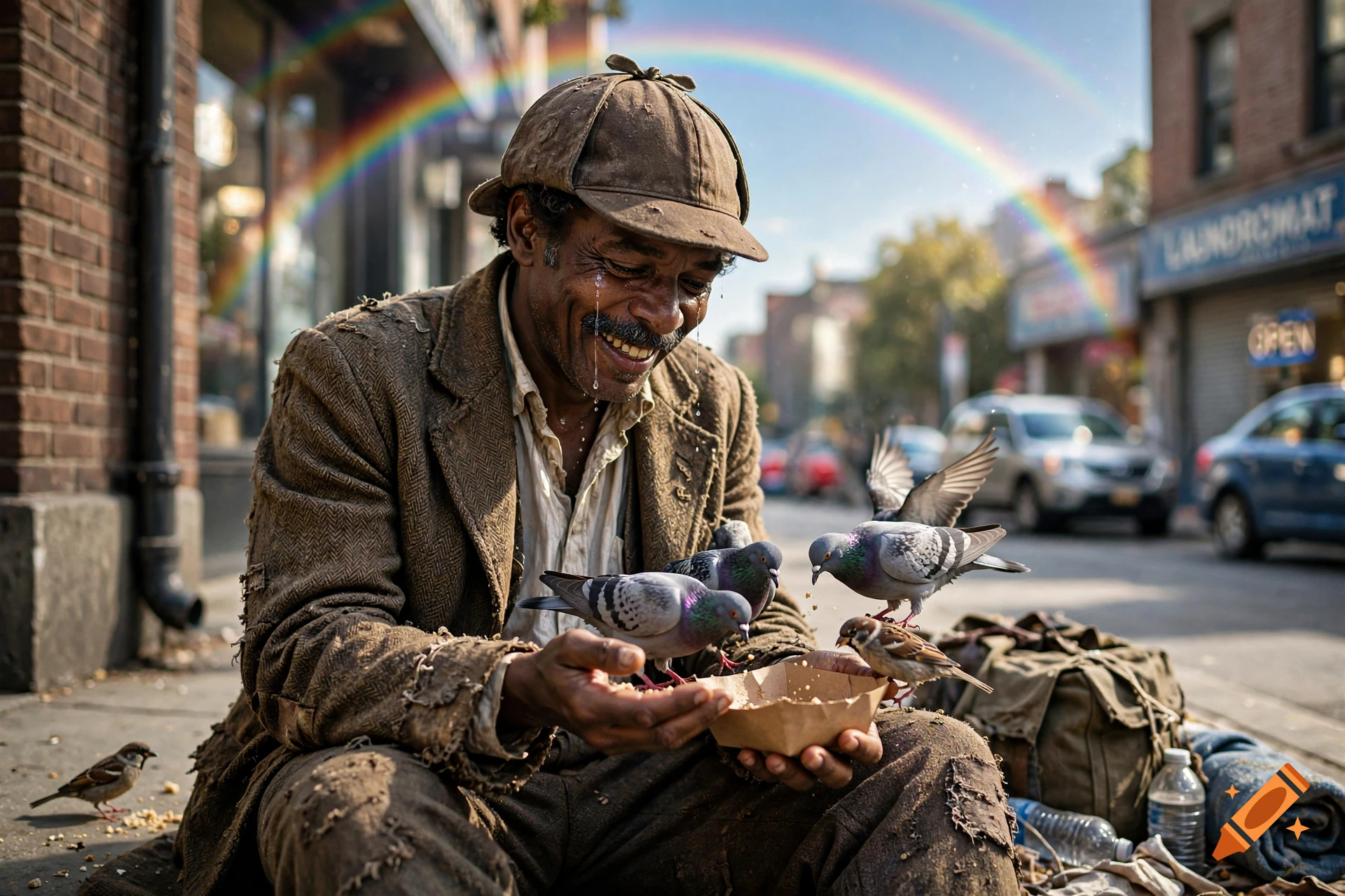 Photorealistic image of a smiling man in tattered clothes feeding pigeons on a city street under a double rainbow.