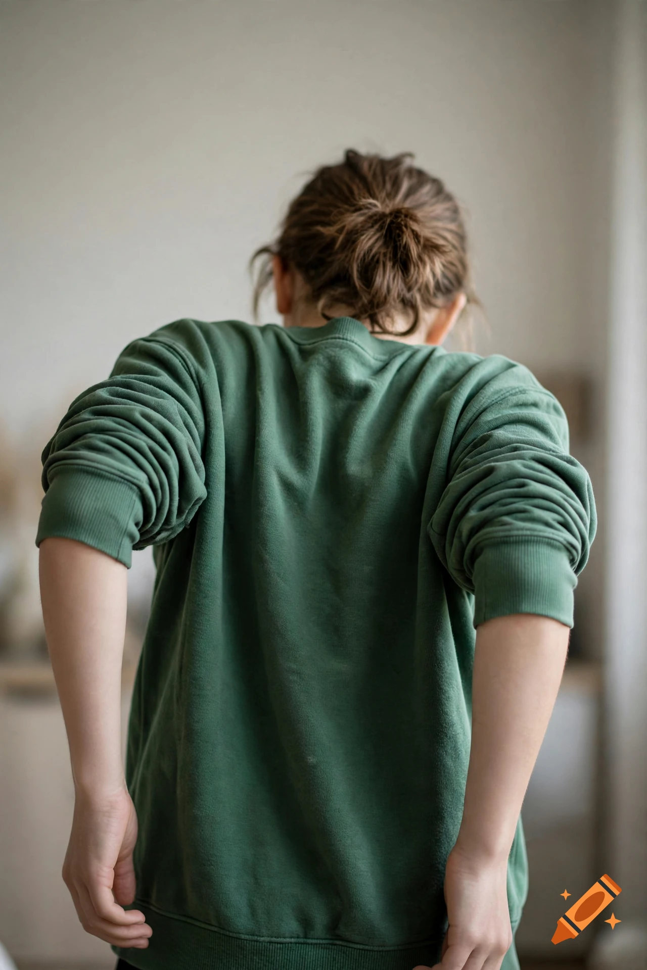 Photorealistic back view of a person with brown hair in a messy bun wearing a green sweatshirt, with arms bent.