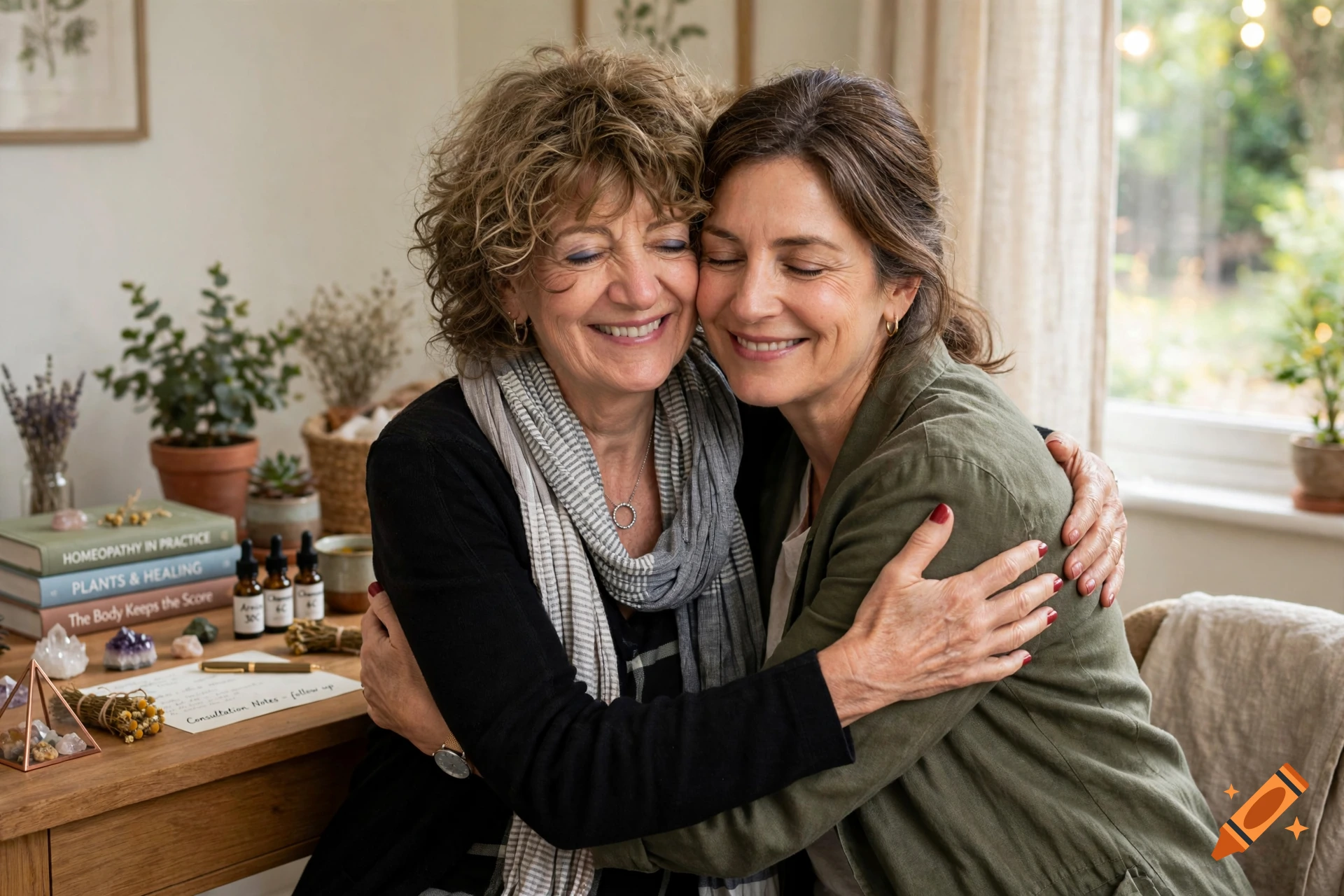 Two middle-aged women hugging warmly in a bright, cozy room with plants and books in the background.