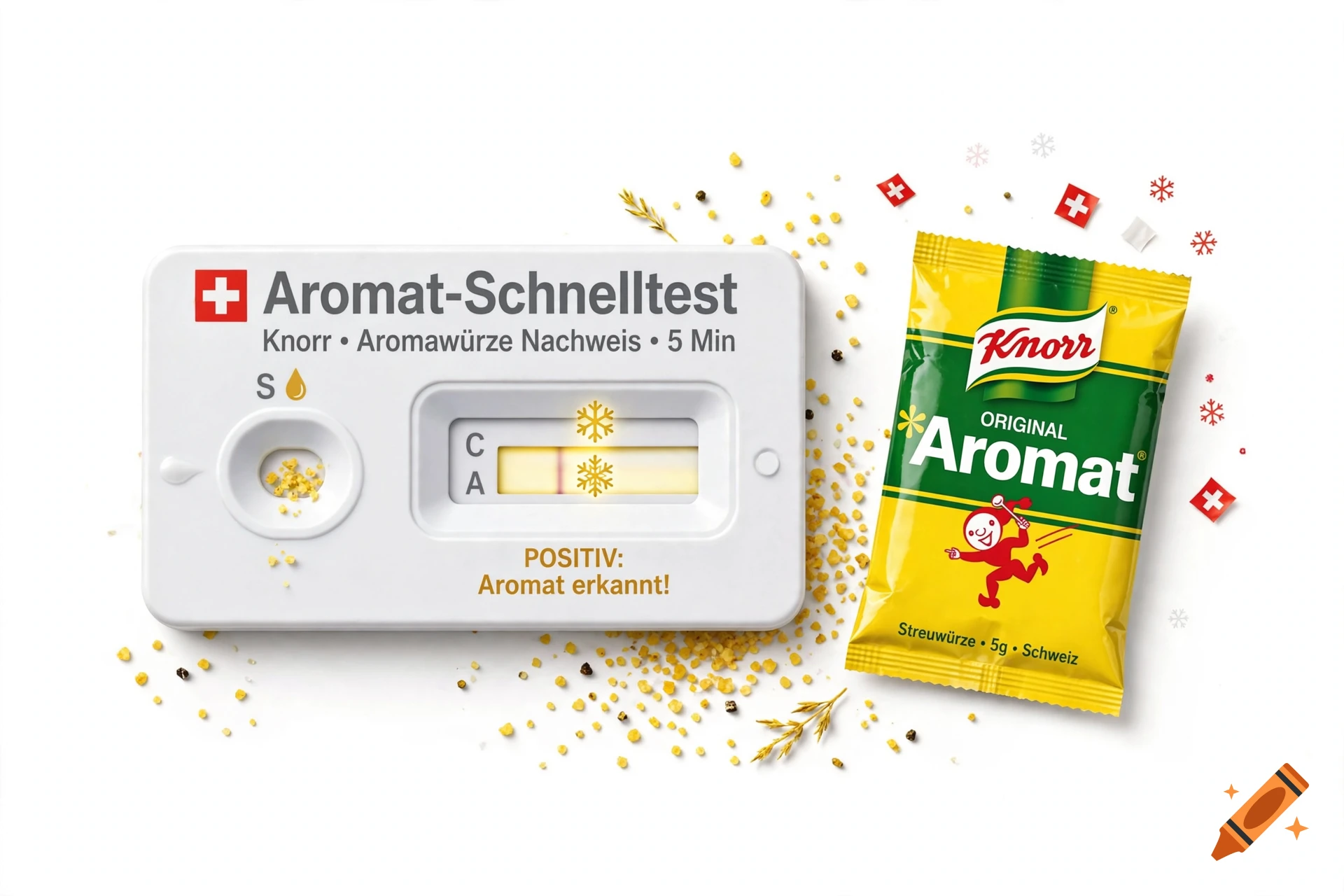 A simulated rapid antigen test for Knorr Aromat seasoning showing a positive result next to a packet of Aromat.