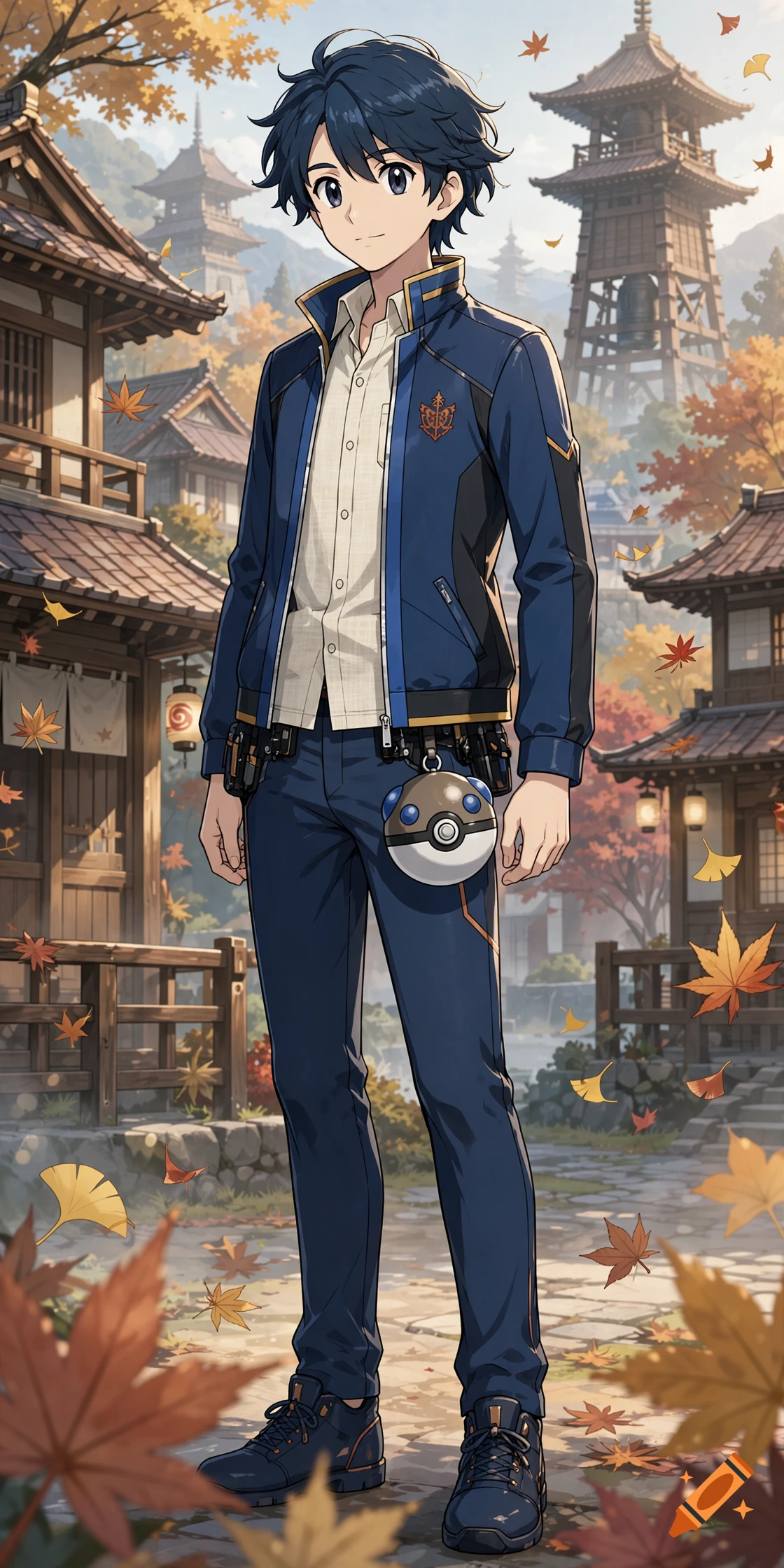 Full-body anime illustration of a young male Pokémon trainer standing on a cobblestone path surrounded by autumn leaves and traditional buildings.