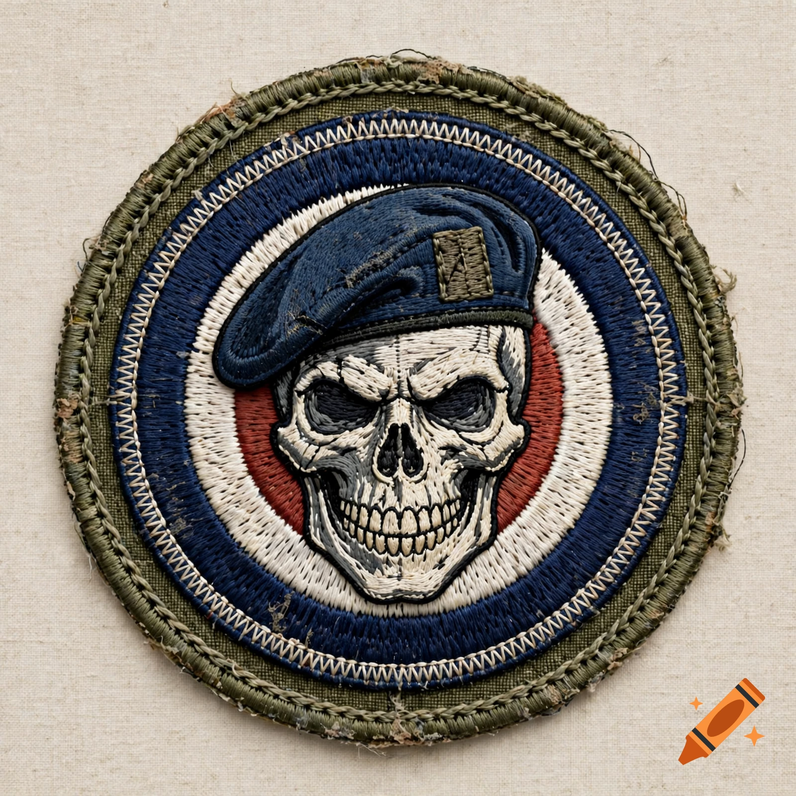 Embroidered round unit patch featuring a grinning skull wearing a blue beret over a RAF roundel.