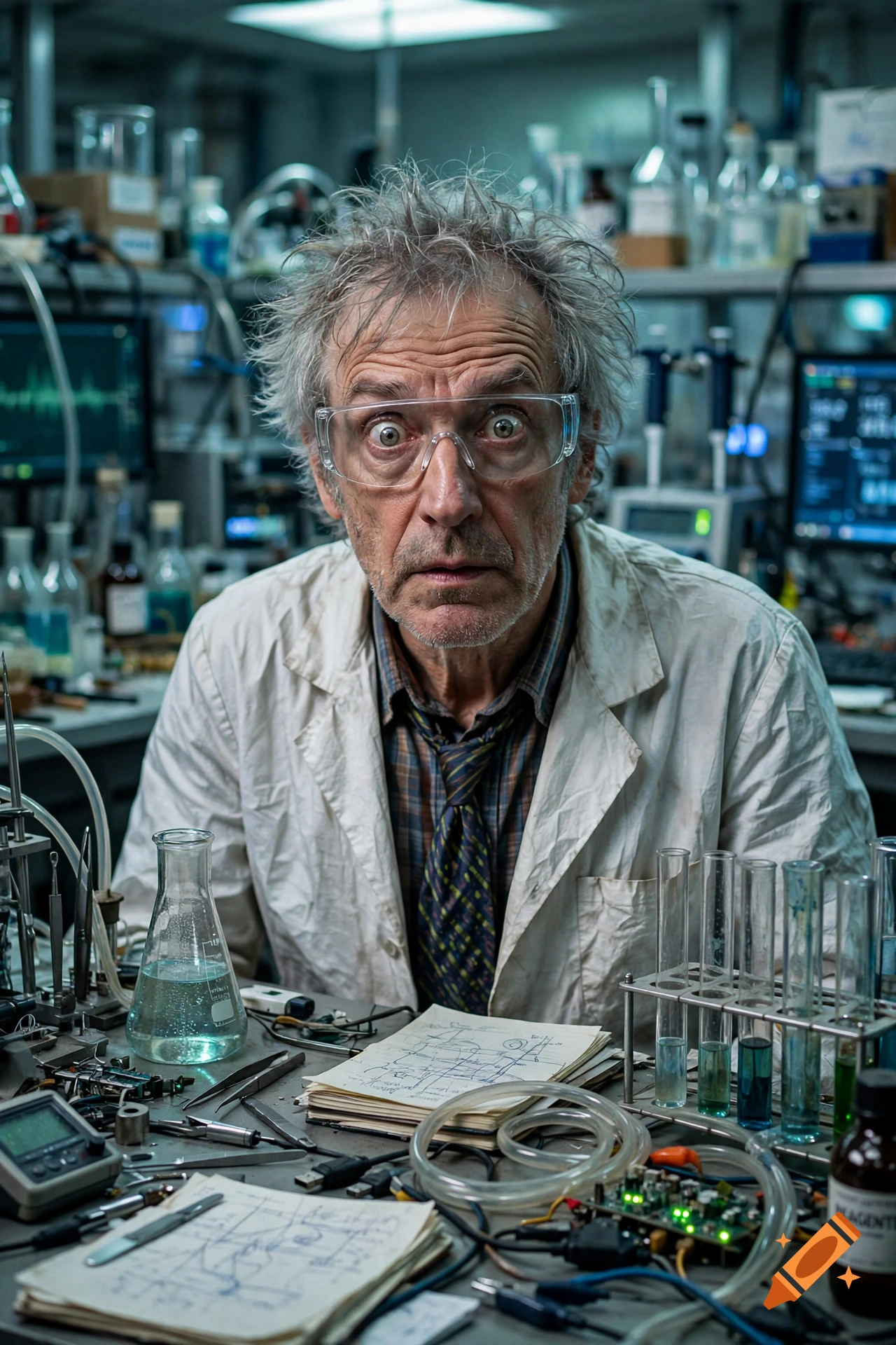 Photorealistic medium shot of a crazy, wild-haired elderly male scientist in a lab coat and safety goggles surrounded by equipment.