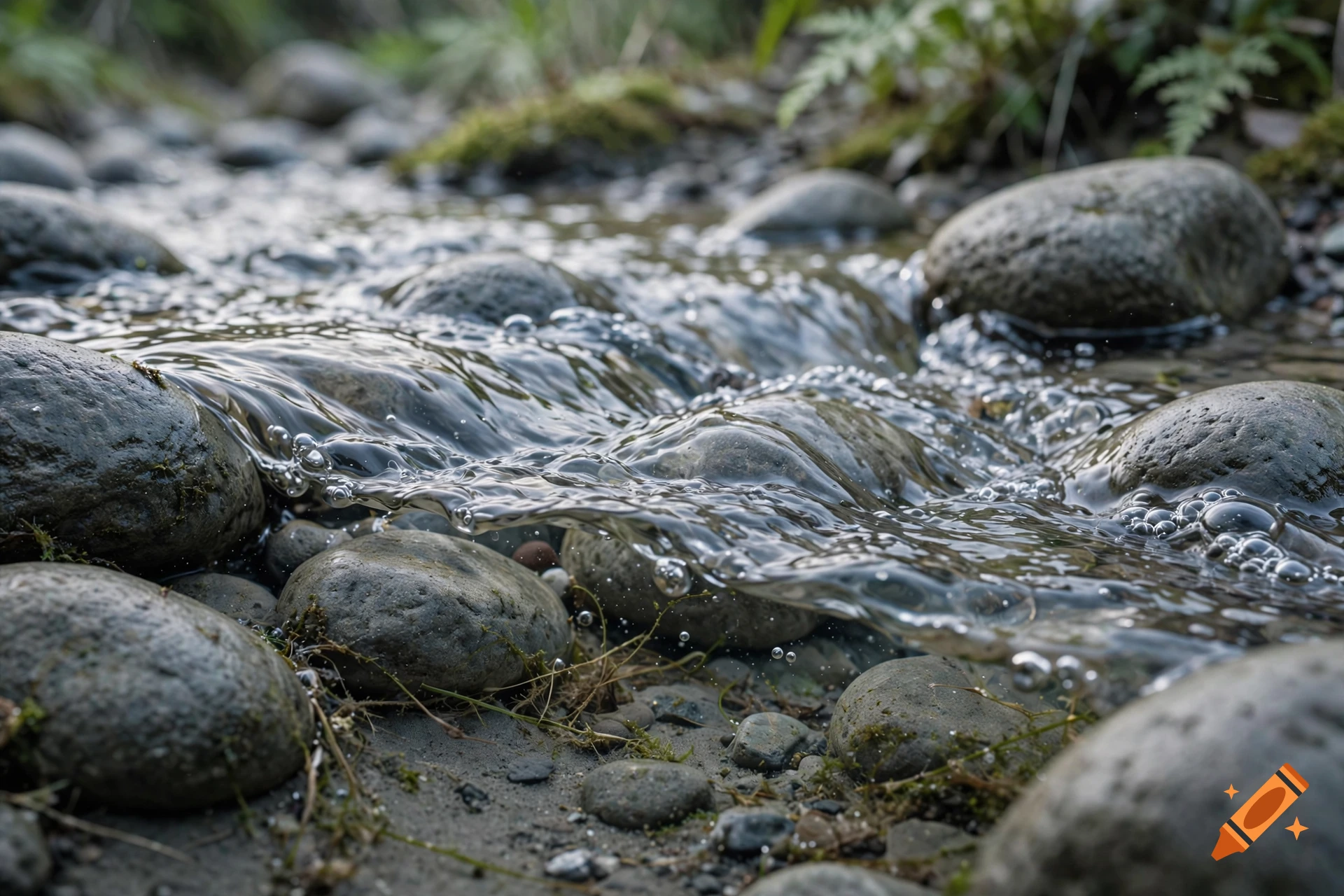 Close-up photorealistic shot of a clear stream flowing over smooth grey river stones.