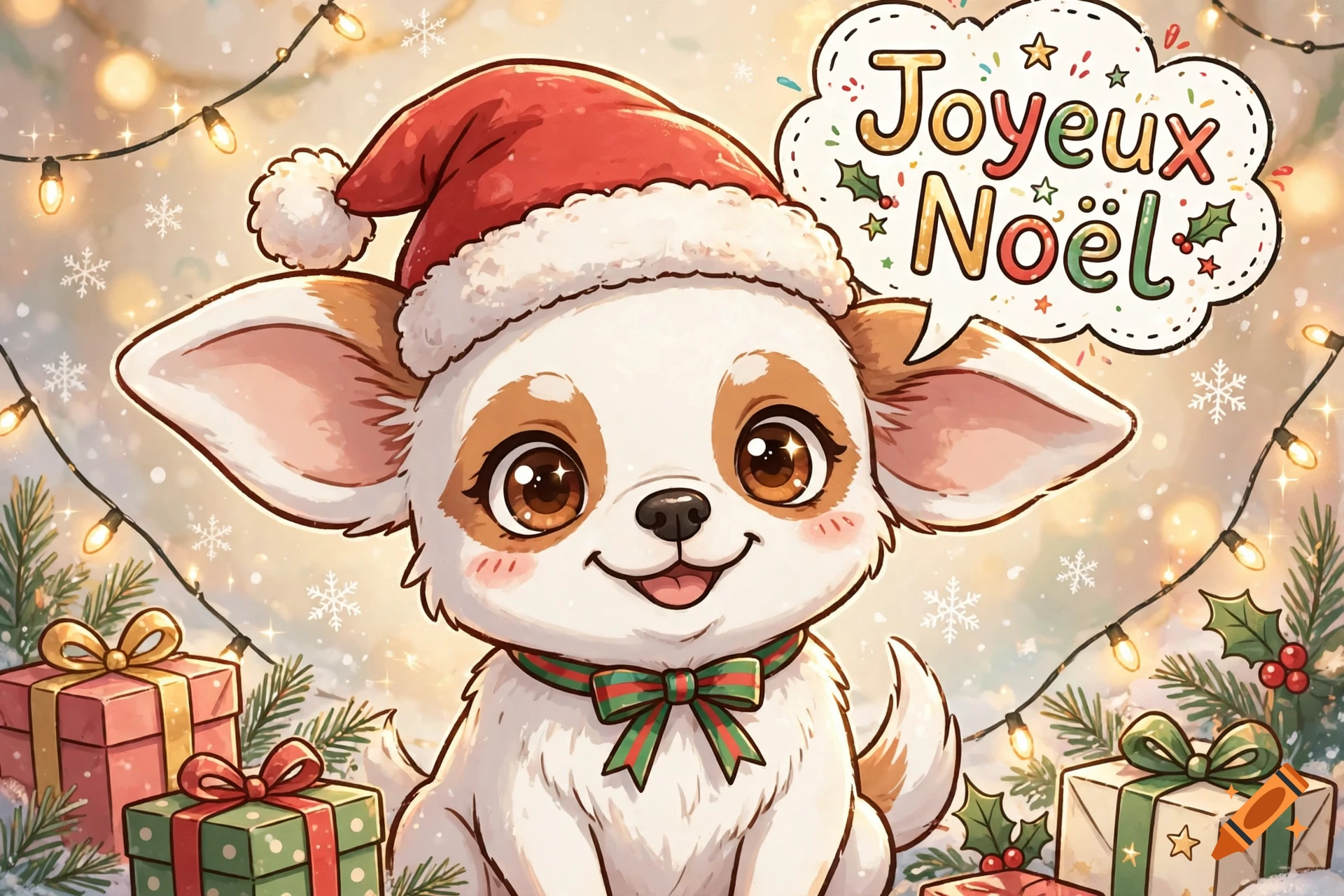 A cute small dog wearing a Santa hat and a festive collar sits surrounded by wrapped Christmas gifts, holiday lights, and snowflakes, with a speech bubble that reads 'Joyeux Noël'.