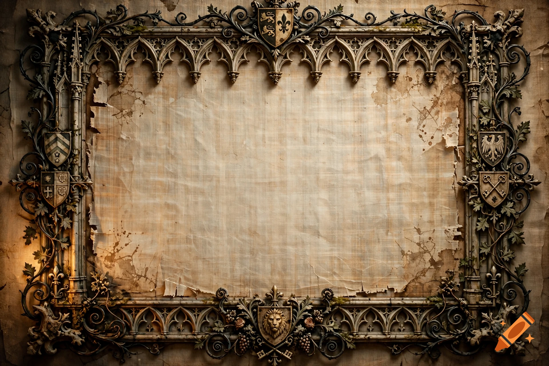 An ornate medieval gothic frame with intricate metalwork and coats of arms surrounding a blank weathered papyrus parchment.