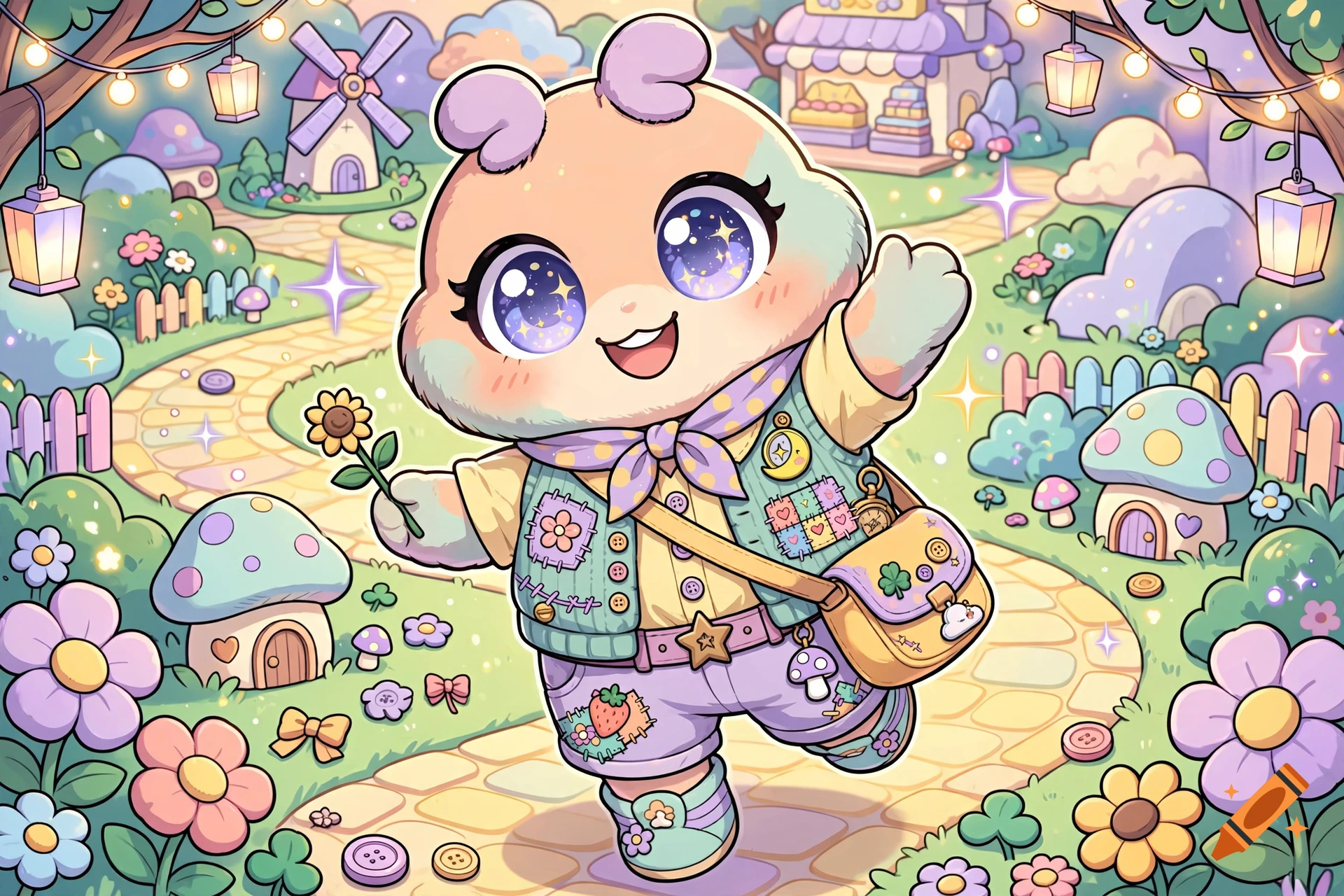 Colorful anime-style cartoon character walking down a paved path in a whimsical, magical village with mushrooms and flowers.