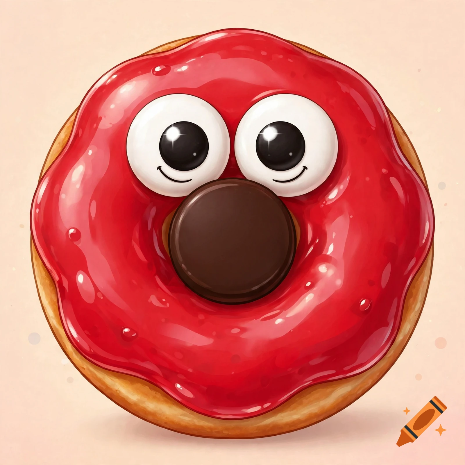 Digital illustration of a red glazed donut with googly eyes and a chocolate center, resembling a cartoon face.