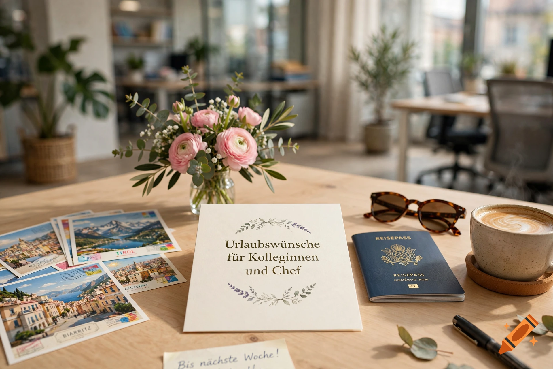 A wooden office desk with a greeting card reading 'Urlaubswünsche für Kolleginnen und Chef', a passport, sunglasses, postcards, and a coffee cup.
