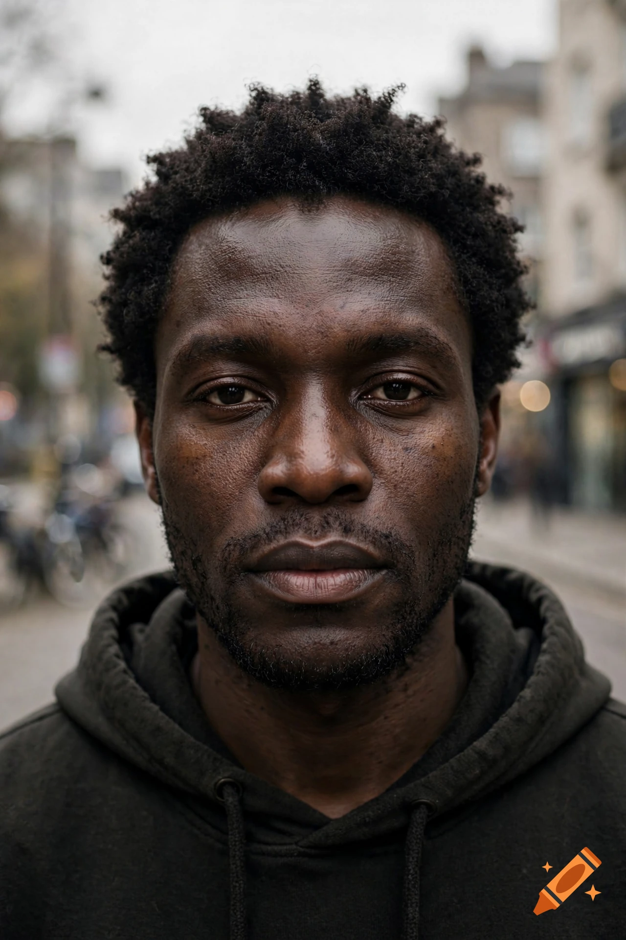 Close-up photorealistic portrait of an African man with short curly hair and a black hoodie, outdoors in a city setting.
