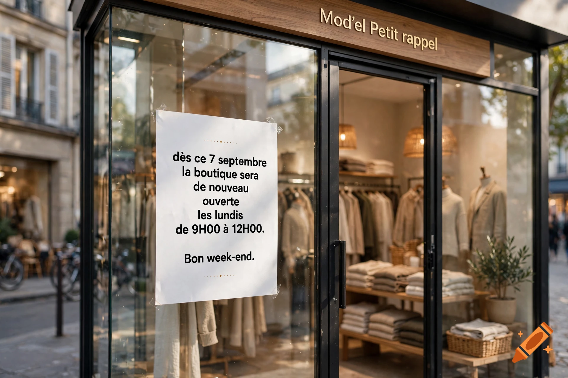Photorealistic view of a boutique storefront in Paris with a sign on the window announcing store hours.
