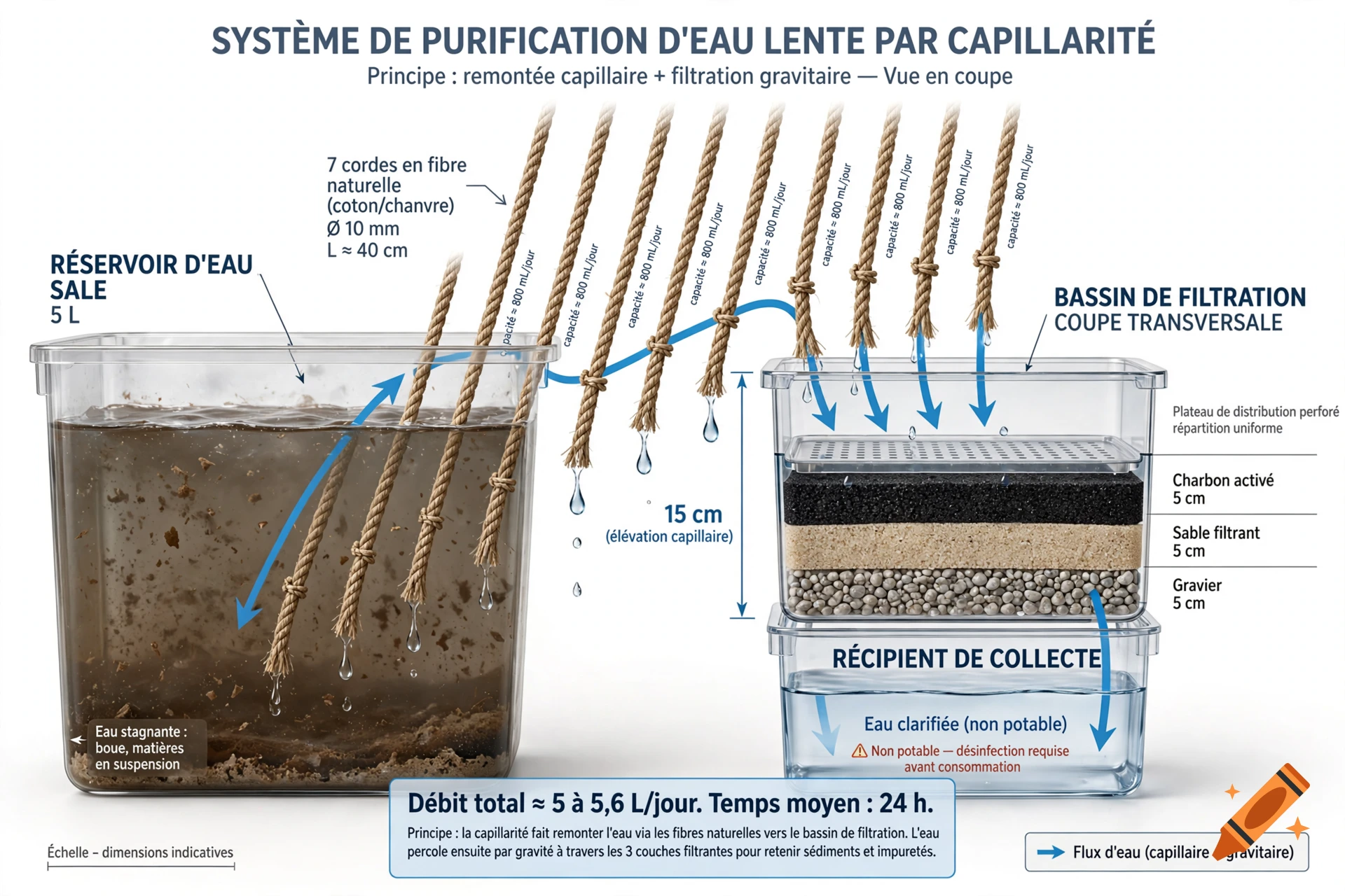 Technical diagram of a slow water purification system using capillary action with multiple layers and explanatory French text.
