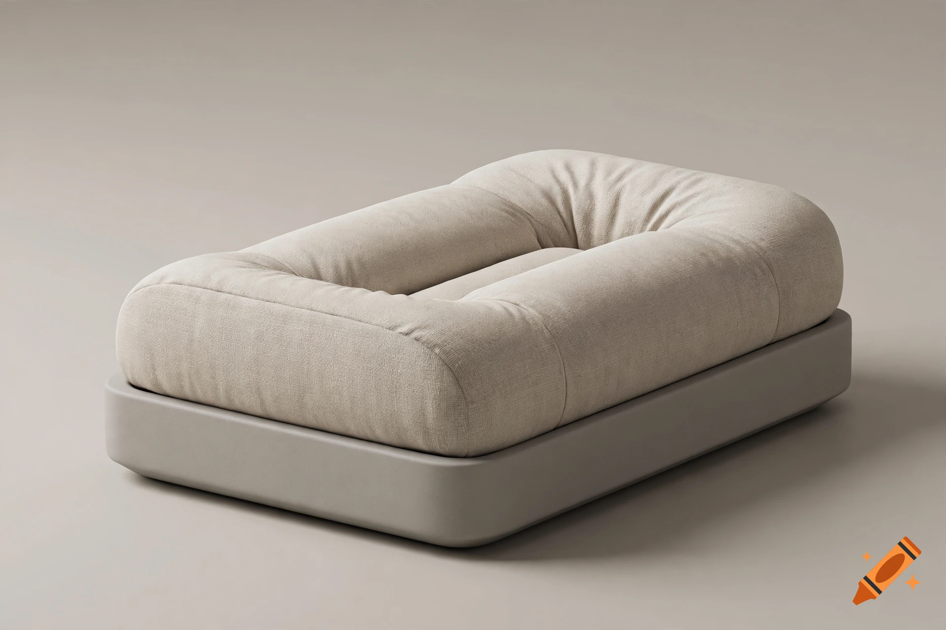 Photorealistic product shot of a minimalist upholstered beige cushion on a grey base against a neutral background.