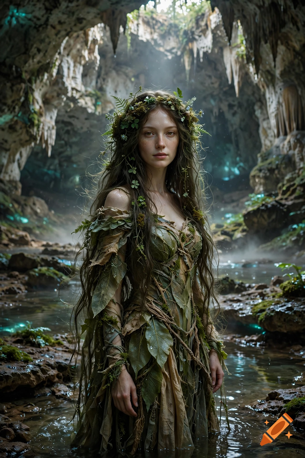 Photorealistic portrait of a nymph with leafy dress and flower crown standing in a mystical cave stream.