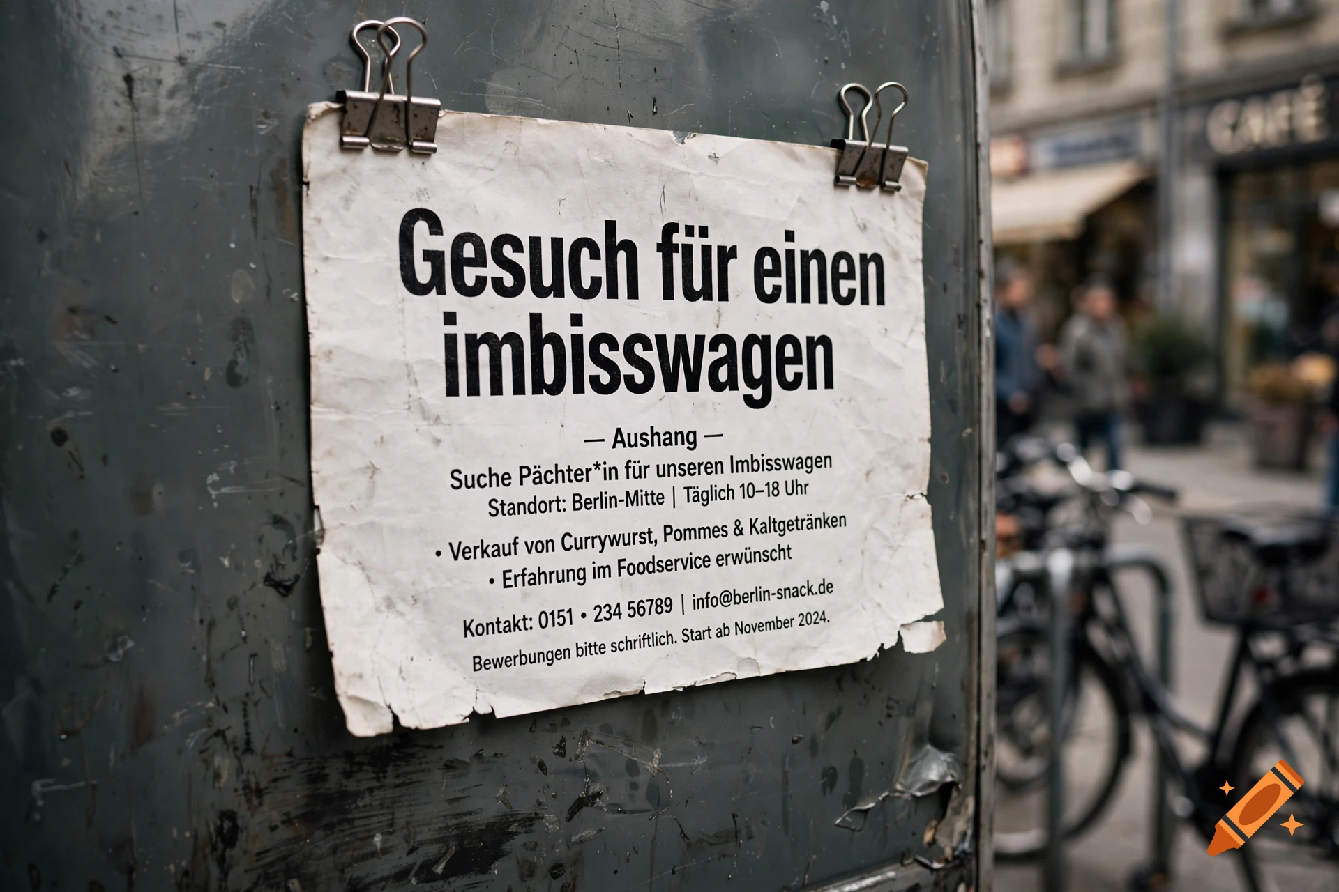 Close-up photorealistic shot of a paper notice clipped to a metal wall with German text 'Gesuch für einen imbisswagen'.